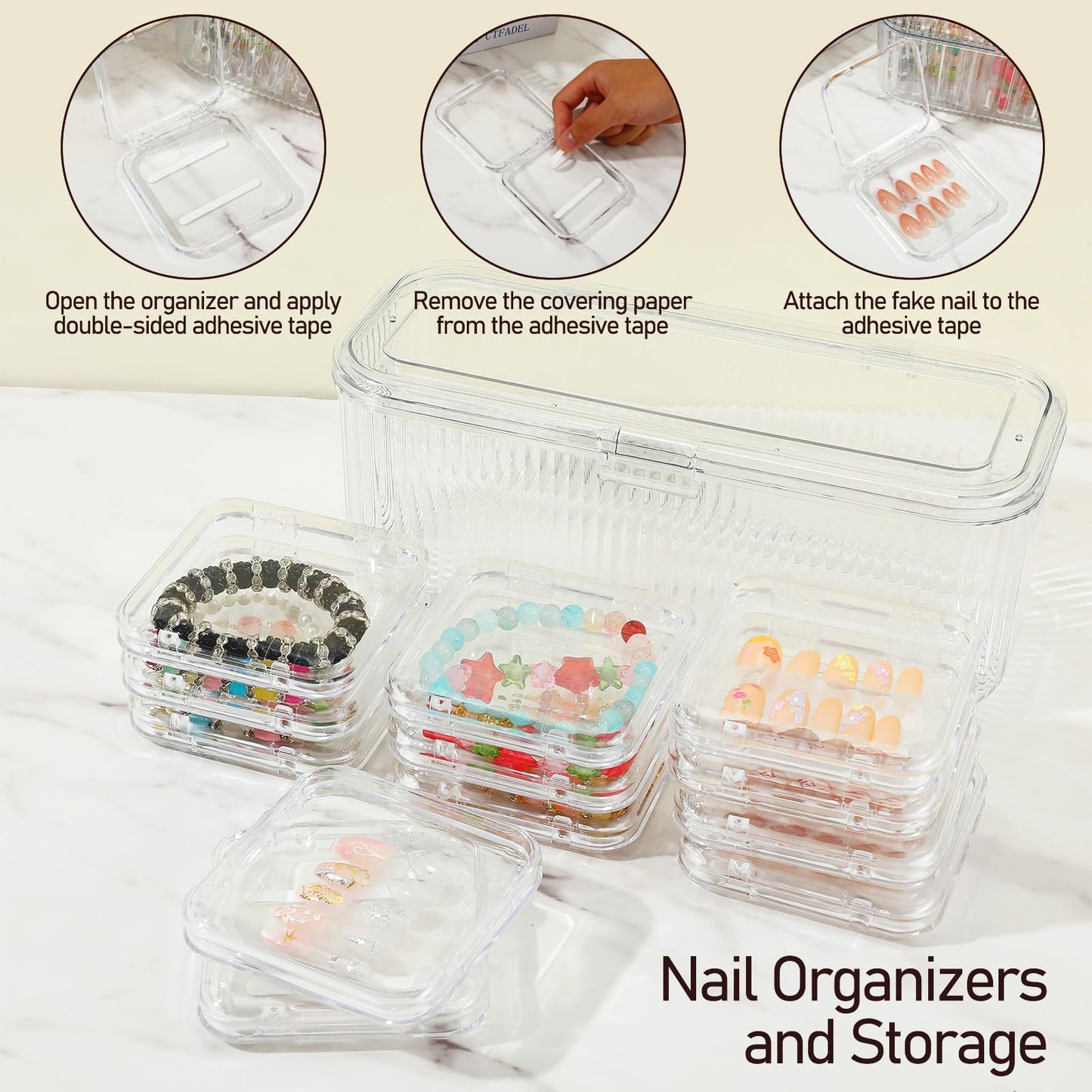 24 Pcs Clear Press On Nail Storage Box with 2 Large Organizers and 60 Adhesive Tapes, for Fake Nail Display, Nails Salon Packaging, and Nails Art Organization