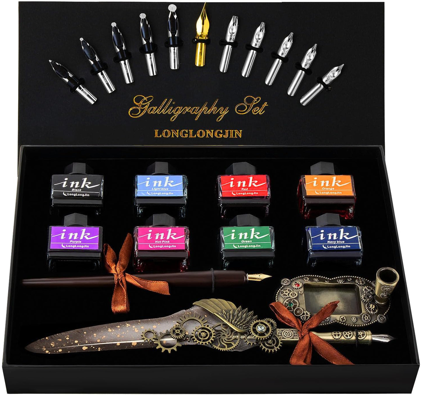 LongLongJin Calligraphy Pens and Ink Set - Calligraphy Kits for Beginners,Quill Pen Includes Dip Pen,8*Colors Ink,11*Calligraphy Pen Nibs（Grey）