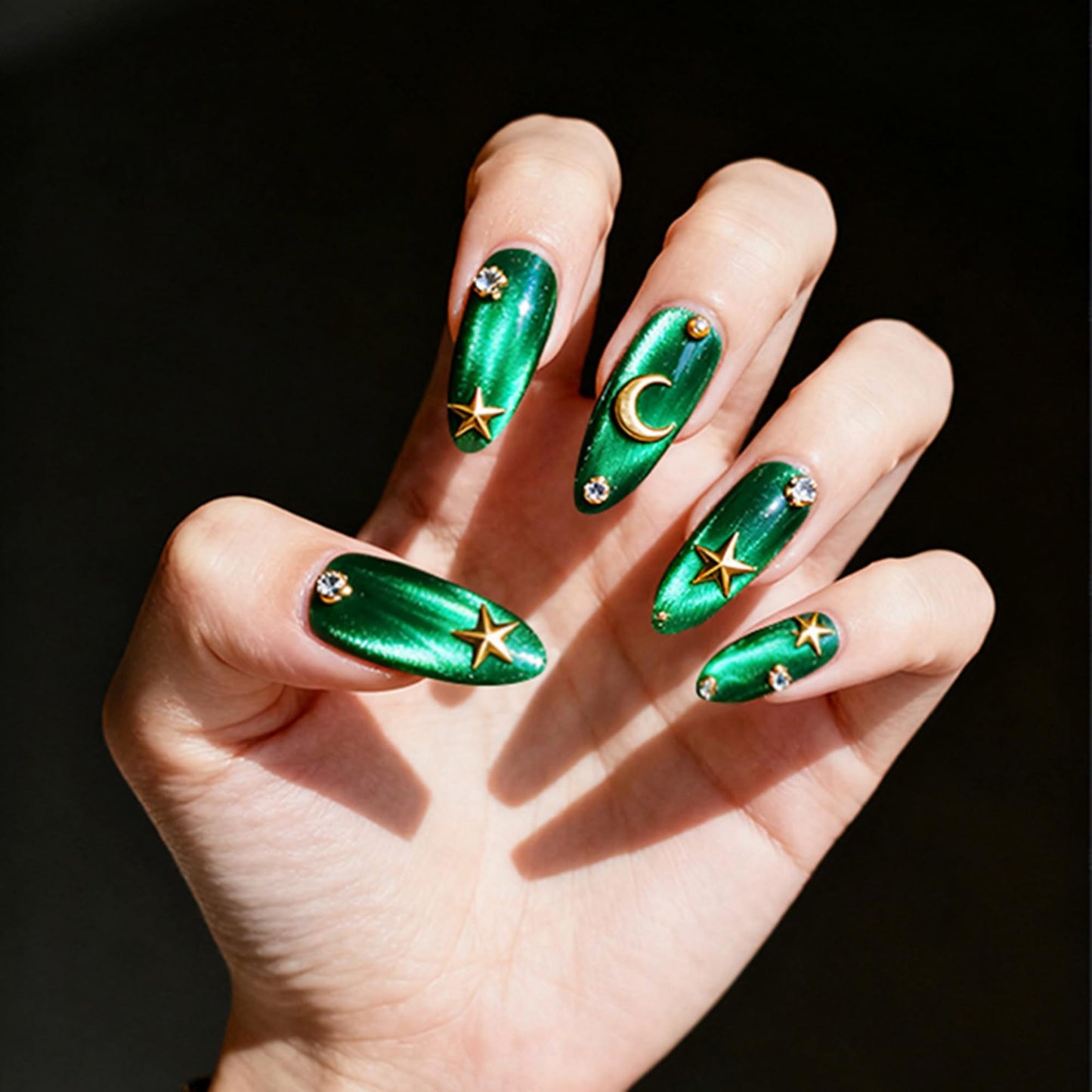 Long Press on Nails Almond Fake Nails Green Artificial Nail Cat eyeand Gold Moon Designs Cute Stick on Nail for Women 24pcs