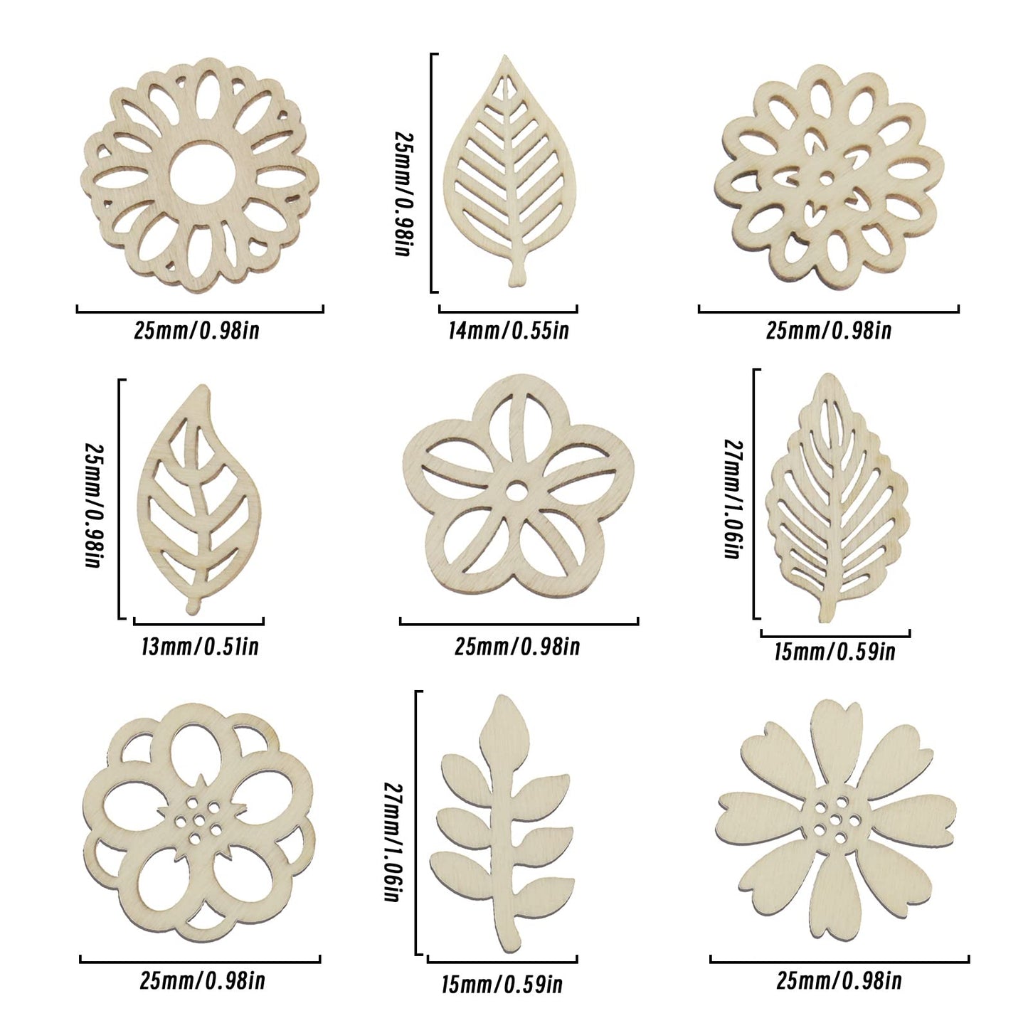 Micro Traders 100PCS Flower & Leaf Shapes Wooden Slices Wooden Embellishments Decorative Wood Chips Ornaments for DIY Scrapbooking Card Making Crafts