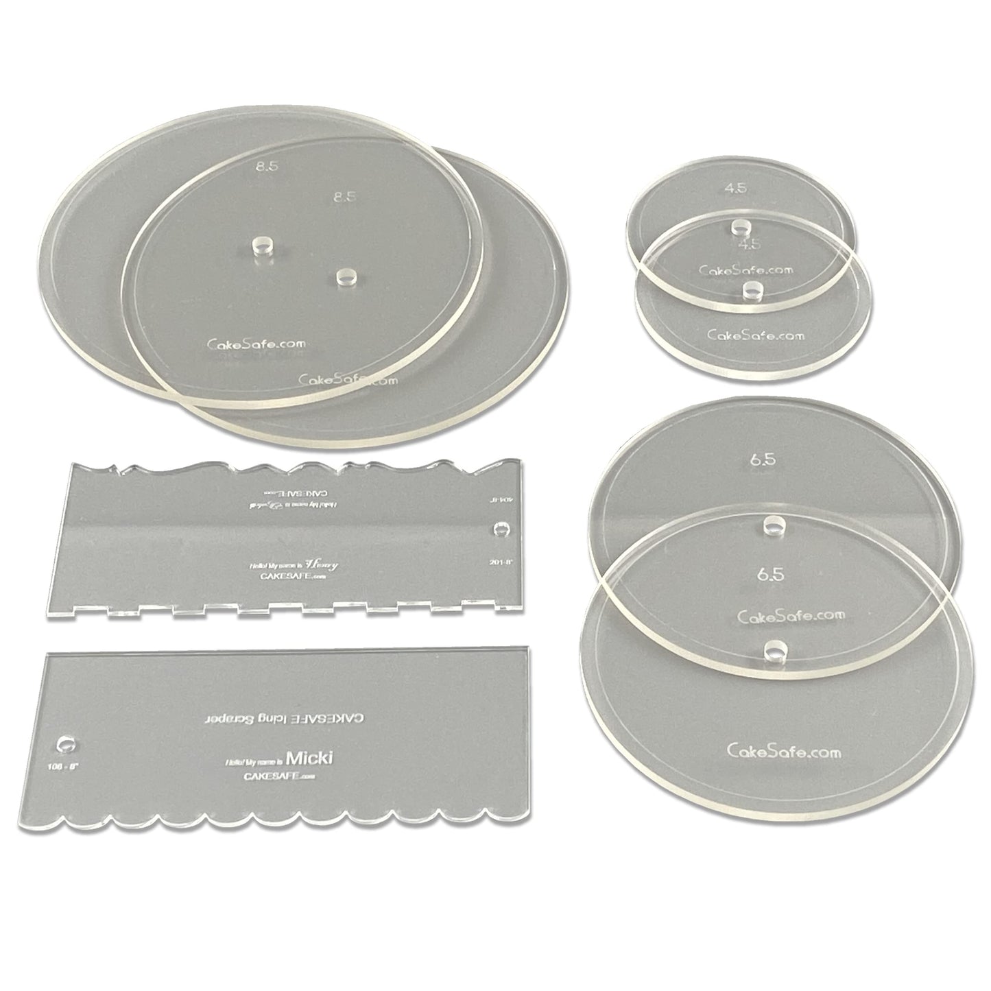 CAKESAFE Bare Necessities Cake Decorating Acrylic Disk Kit – 3 Sets -Round 4.5”, 6.5” and 8.5” Disk Sets (2 disks per size), 2-8" Icing Scrapers with 1 Scraper Edge and 3 Cake Comb Patterns