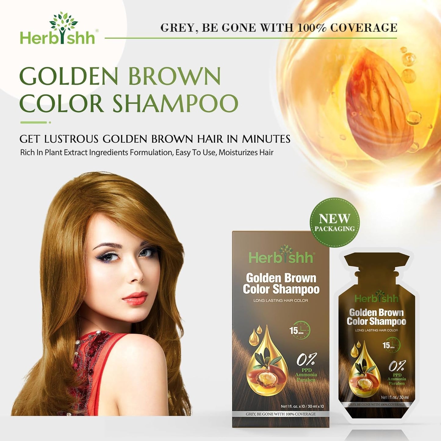 Golden Brown Hair Shampoo, Hair Color for Gray Coverage, 3 in 1 Hair Dye Shampoo - champu para tenir el cabello, Colors in Minutes, Easy to Use PPD Free Pouch 30mlx10p