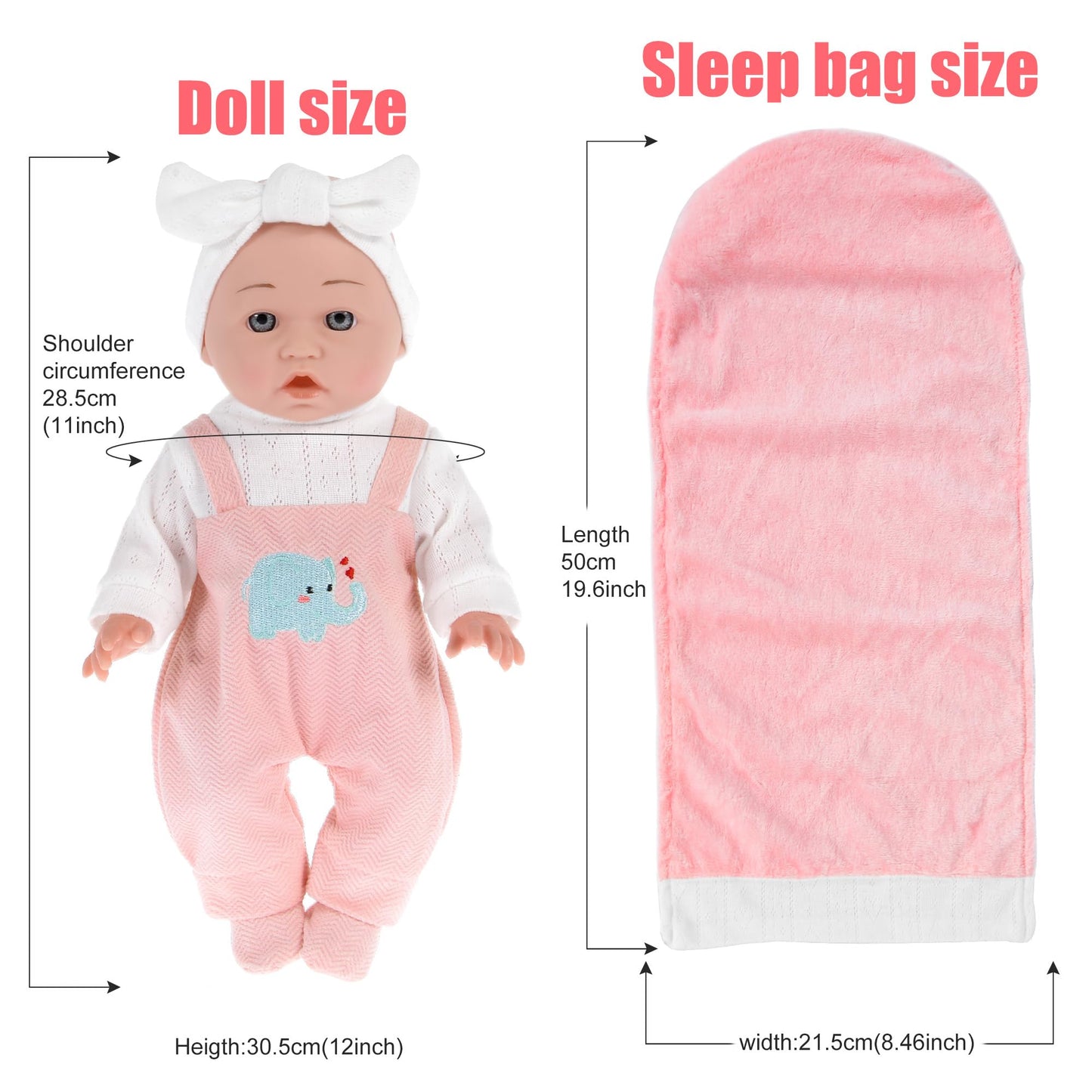 dollbie 12 inch Baby Doll - Adorable Doll and Accessories Including Romper, Sleeping Bag, Feeding Accessories, Rabbit Plush Toy