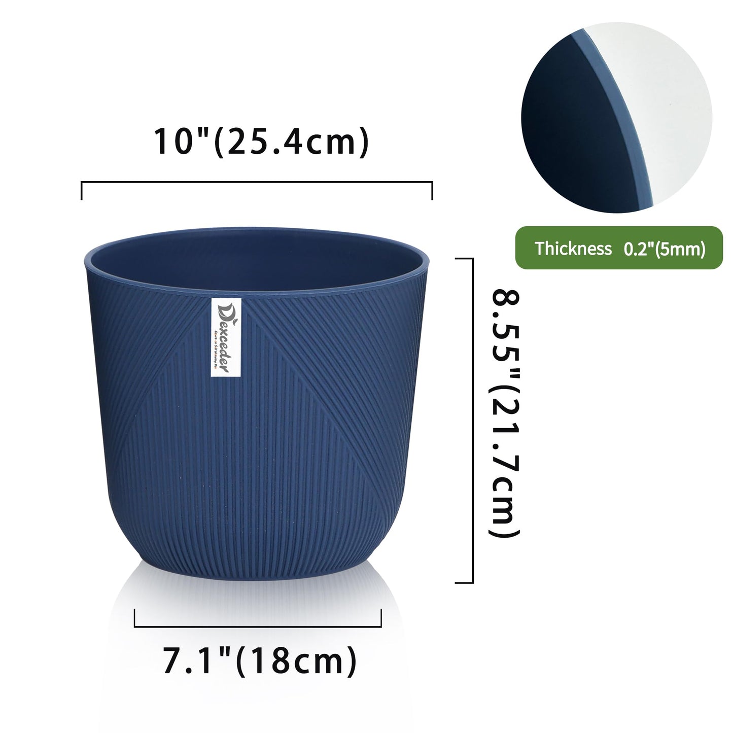 Dexceder 10x9 Striped Table Flower Plant Pot with Drainage Hole & Removable Plug (2 Pack, Deep Blue)