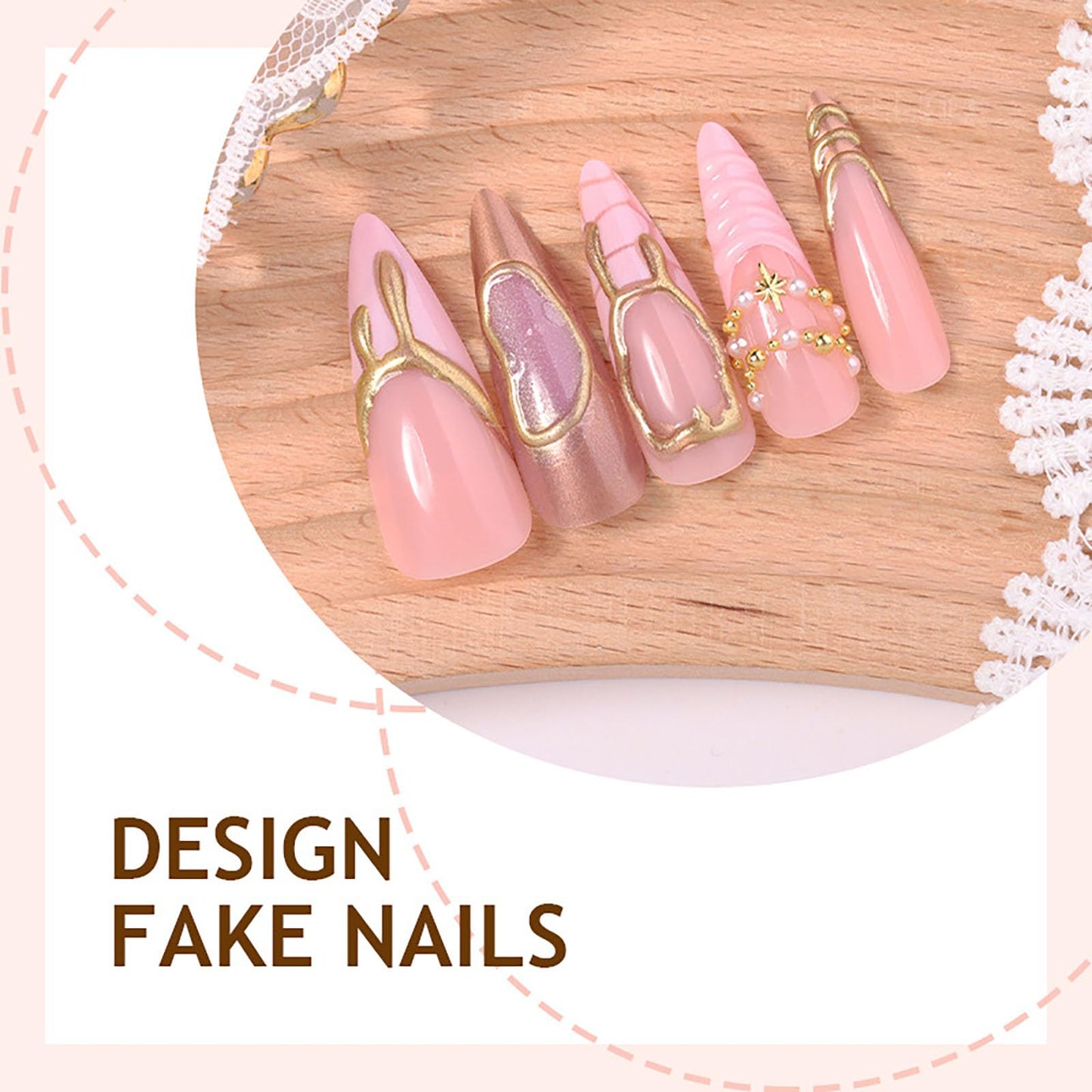 RUOKEXIN Long Stiletto Press on Nails French Tip Fake Nails Pink False Nails with Gold 3D Designs VAlmond Nail Press ons Sparkly Artificial Nails for Women 24Pcs