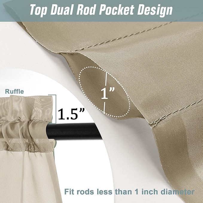 Taupe Small Sheer Curtains 2 Panels Set, Kitchen Curtains 36 Inch Length, Elegant Light Filtering Short Window Drapes for Living Room Bedroom, Dual Rod Pocket Design, 2x42Wx36L Inches