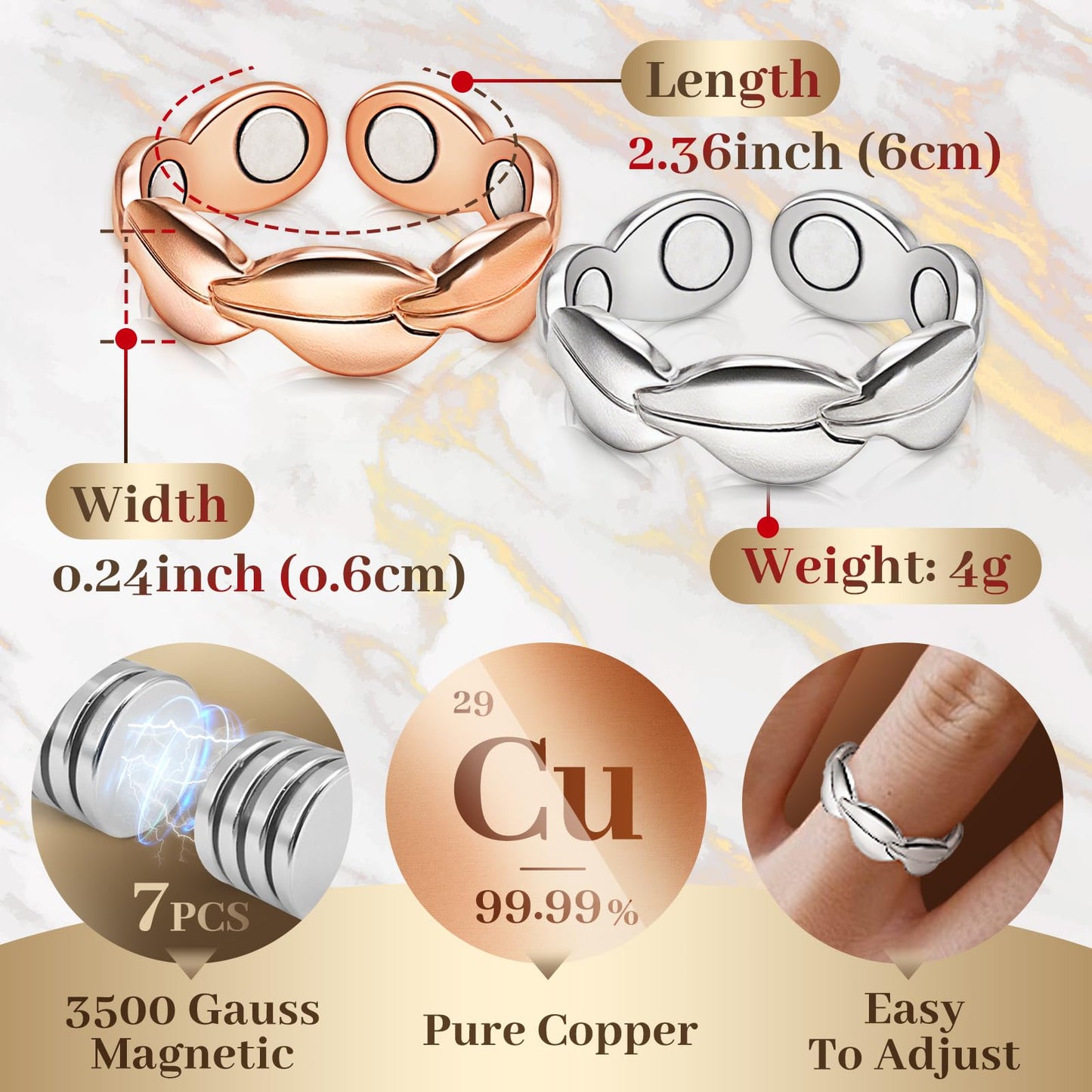 Copper Rings for Women, Magnetic Thumb Rings Adjustable Copper Ring with Magnet,99.9% Solid Pure Copper Jewelry Gift with Box (Set of 2)