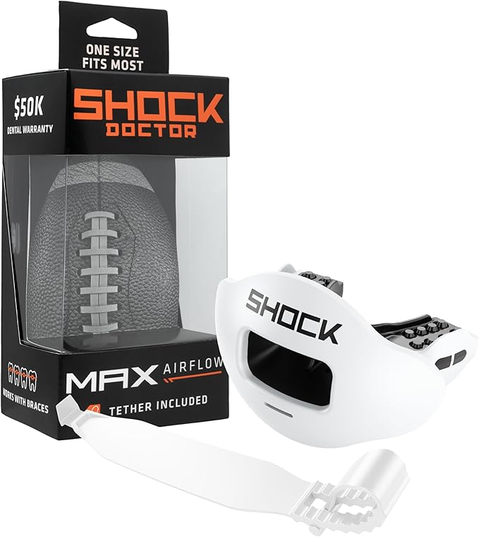 Shock Doctor Lip Guard, Adult and Youth Mouth Guard Football with Strap, Breathable Wide Opening Football Mouthpiece for Youth and Adults OSFA, Shock Doctor Mouth Guards, Max Airflow