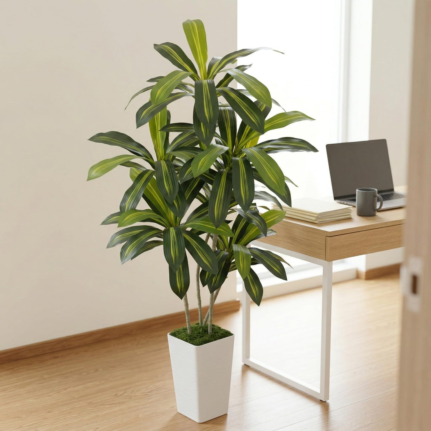 Artificial Dracaena Tree 6FT, Fake Tree with White Tall Planter - Faux Yucca Tall Fake Floor Plant in Pot - Artificial Plant for Home Office Living Room Decor Indoor