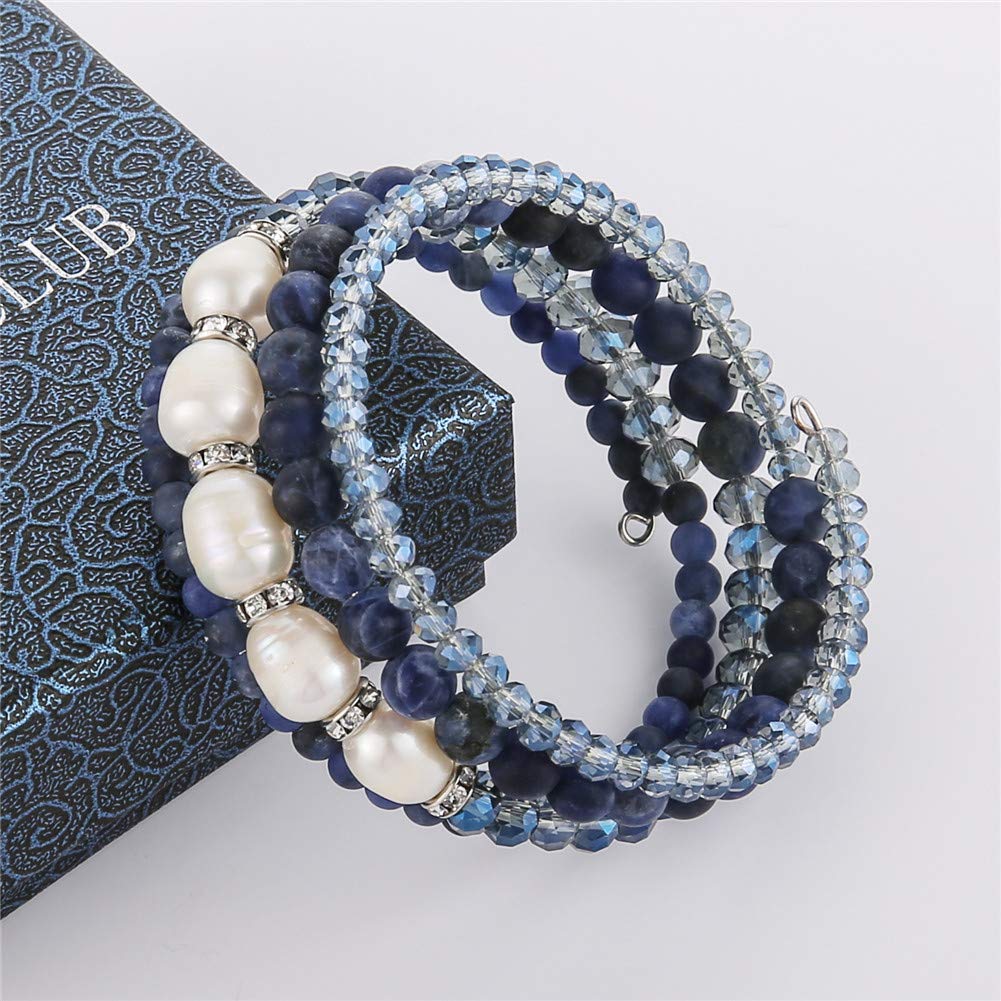 Beaded Freshwater Pearl Chakra Bracelet - Multi Strand Wrap Bracelet with Natural Crystal Agate Beads, Birthday Gifts for Women(29-Navy Blue)