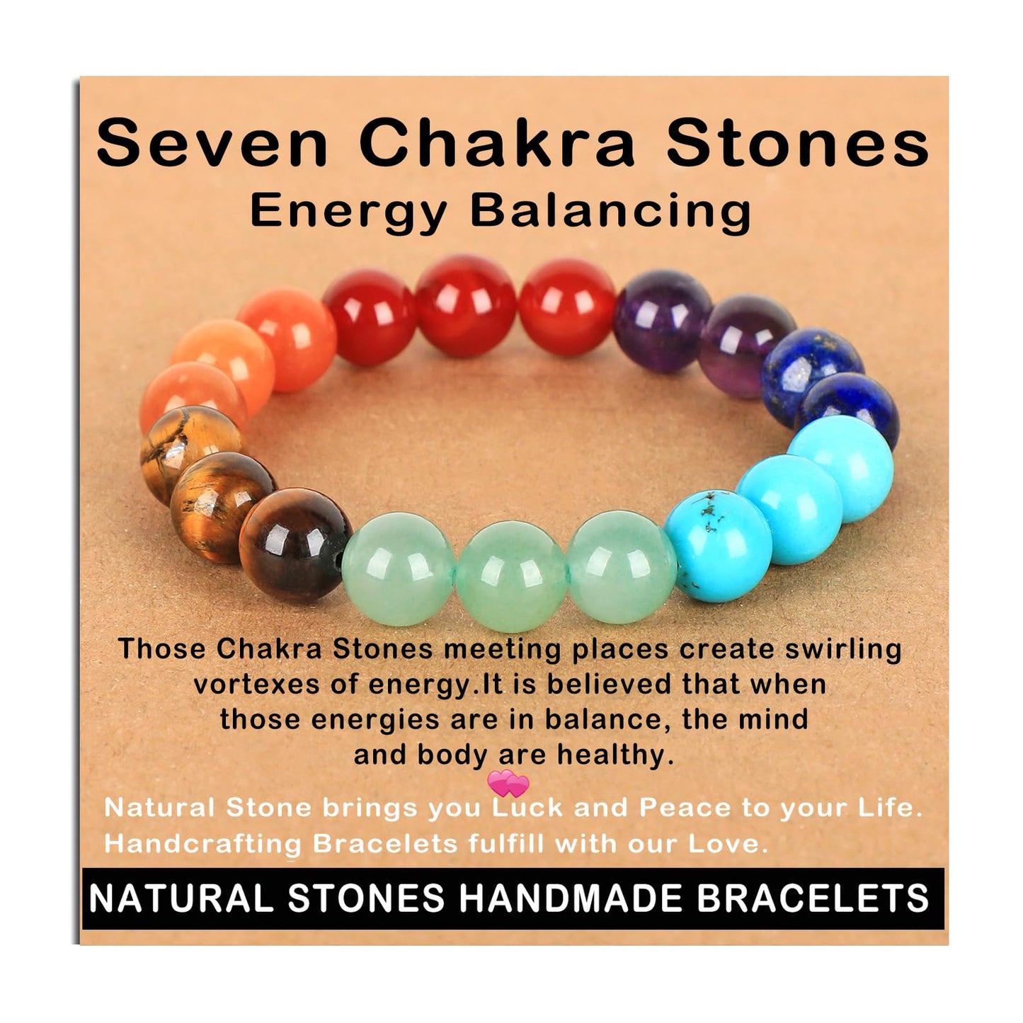 AD Beads Handmade Gemstone Stretch Elastic Bracelet Crystal Healing Reiki Nature's Beauty and Spiritual Essence Unisex (10mm, Seven Chakra Stones (Energy Balancing))