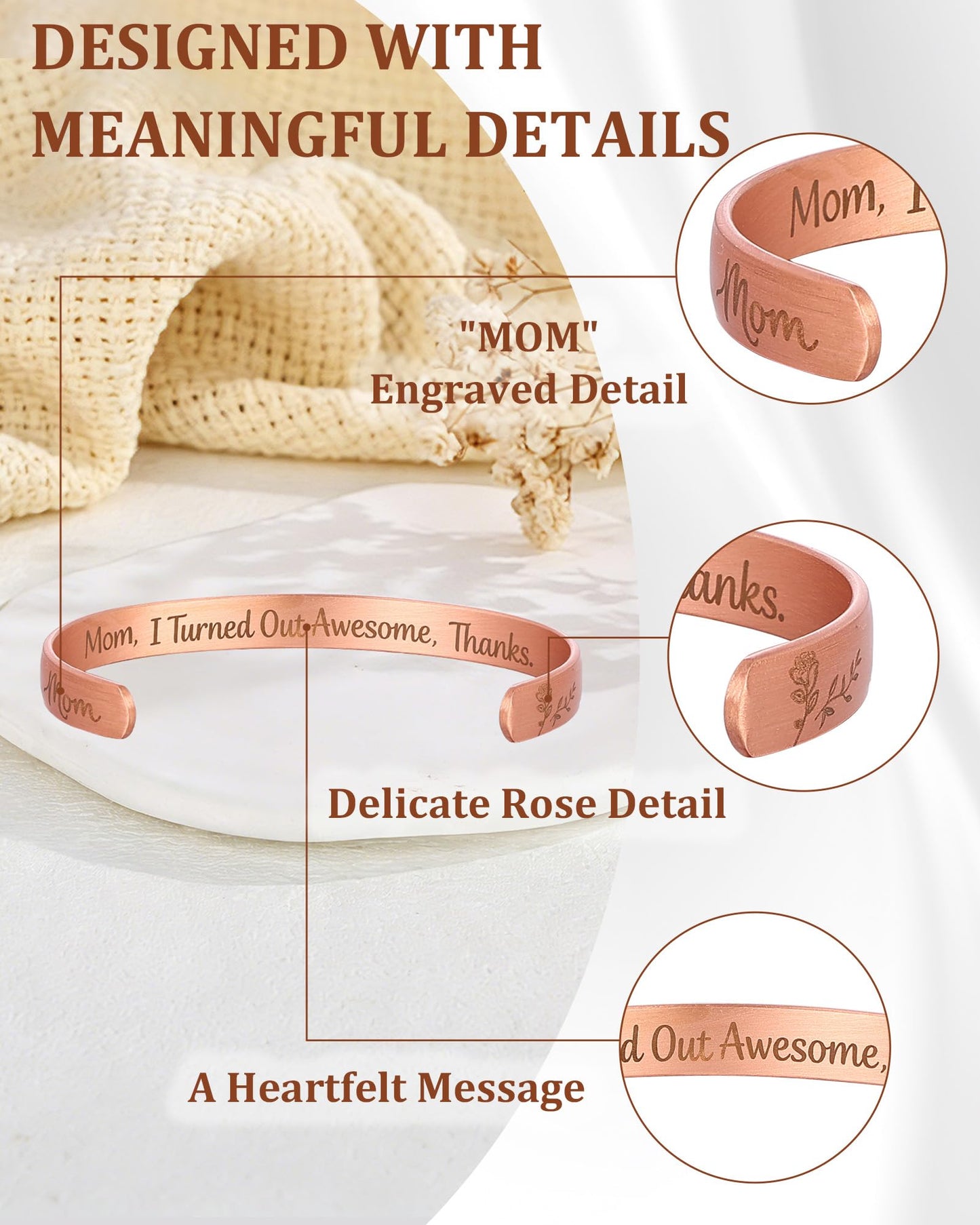 BioMag Copper Bracelet for Women Mom, 99.99% Pure Copper Cuff Bangle for Mothers Day Birthday, Adjustable Jewerly Gift