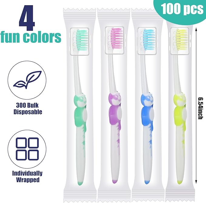 Bokon 100 Pcs Toothbrush for Kids Individually Wrapped Children Soft Disposable Manual Toothbrush Bulk Panda Travel with Bristle Rubber Handle for School Daycare Oral Hygiene