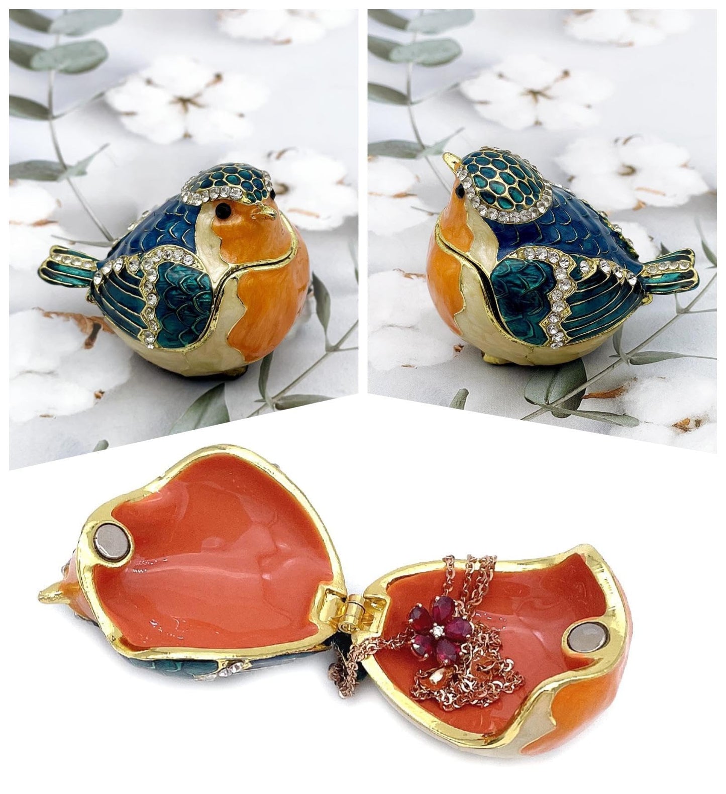 JWT Astyle Robin Bird Hinged Jewelry Box with Stones, Collectible Animal Trinket Box.Rings Earrings Storage Boxes,Bird Figurine Home Decor Gift