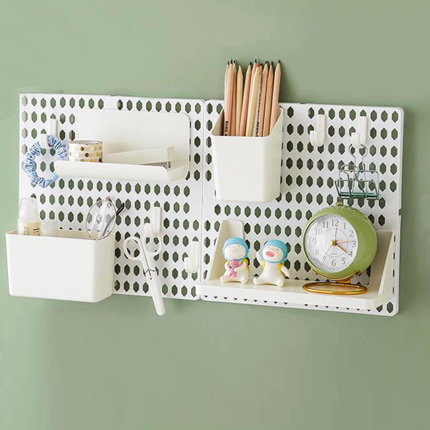 Halyuhn PegBoard Wall Organizer, Plastic Wall Pegboard Kit, 2 White Pegboard and 10 Pegboard Accessories, Wall Mount Pegboard with Hooks, Wall Display Peg board for Home and Office, 19.5” x 9.5”