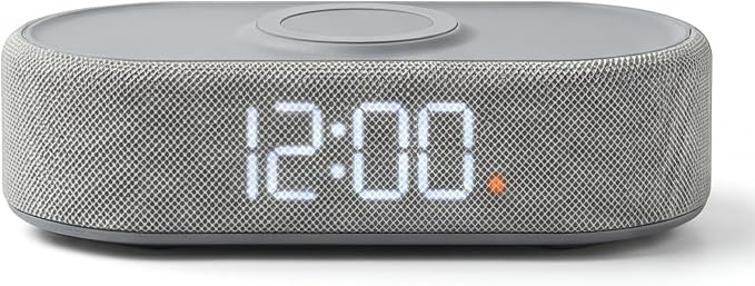 Fabric Digital Alarm Clock for Bedroom, Wireless Charging, Grey