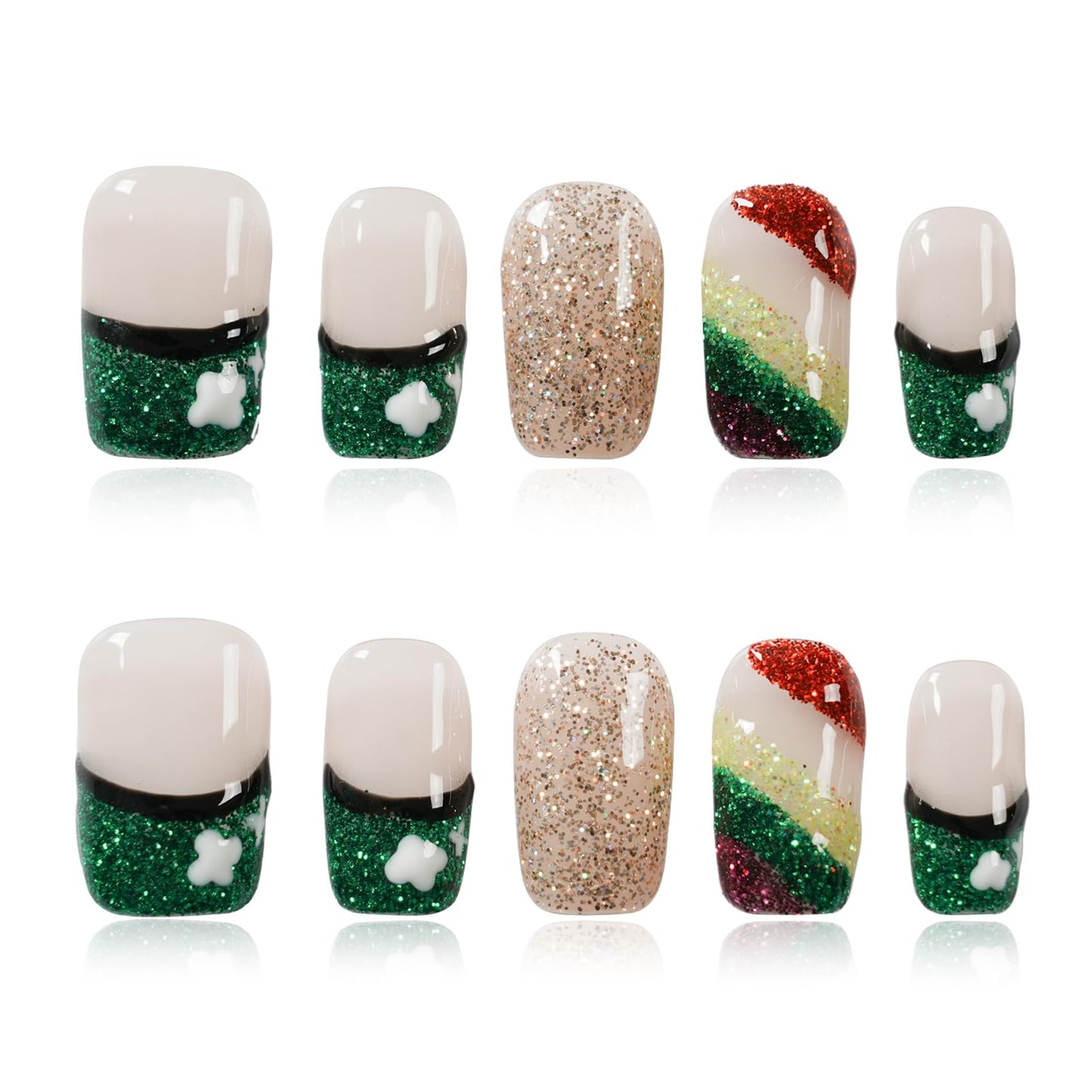 Tesytto Medium Square Press On Nails, Nude with Green Glitter French Tips and Hand-Painted White Clover, Rainbow Glitter Gradient Thick Acrylic Nails (Size S)