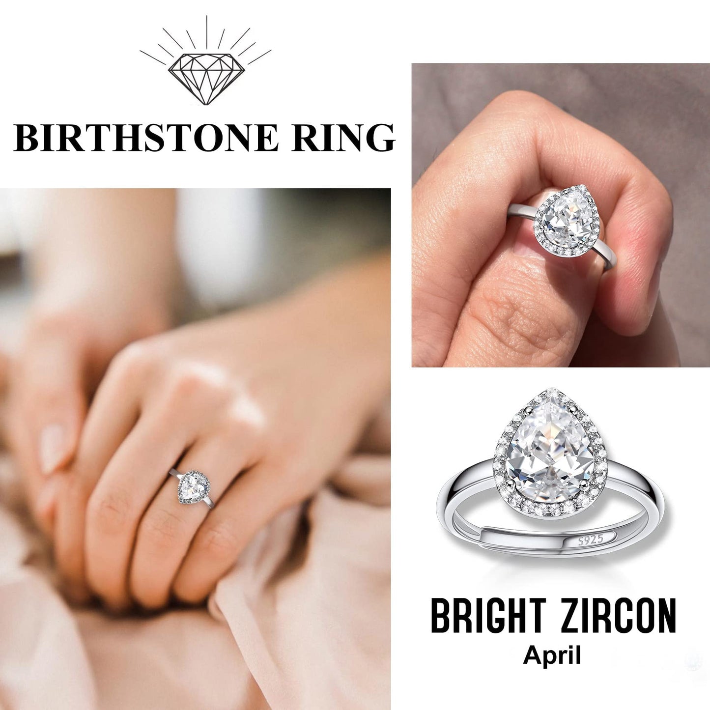 Bestyle 925 Sterling Silver Teardrop Cut Gemstone Cubic Zirconia Rings for Women April White Diamond Rings, Statement and Promise Ring for Engagement/Wedding/Anniversary/Valentines Day