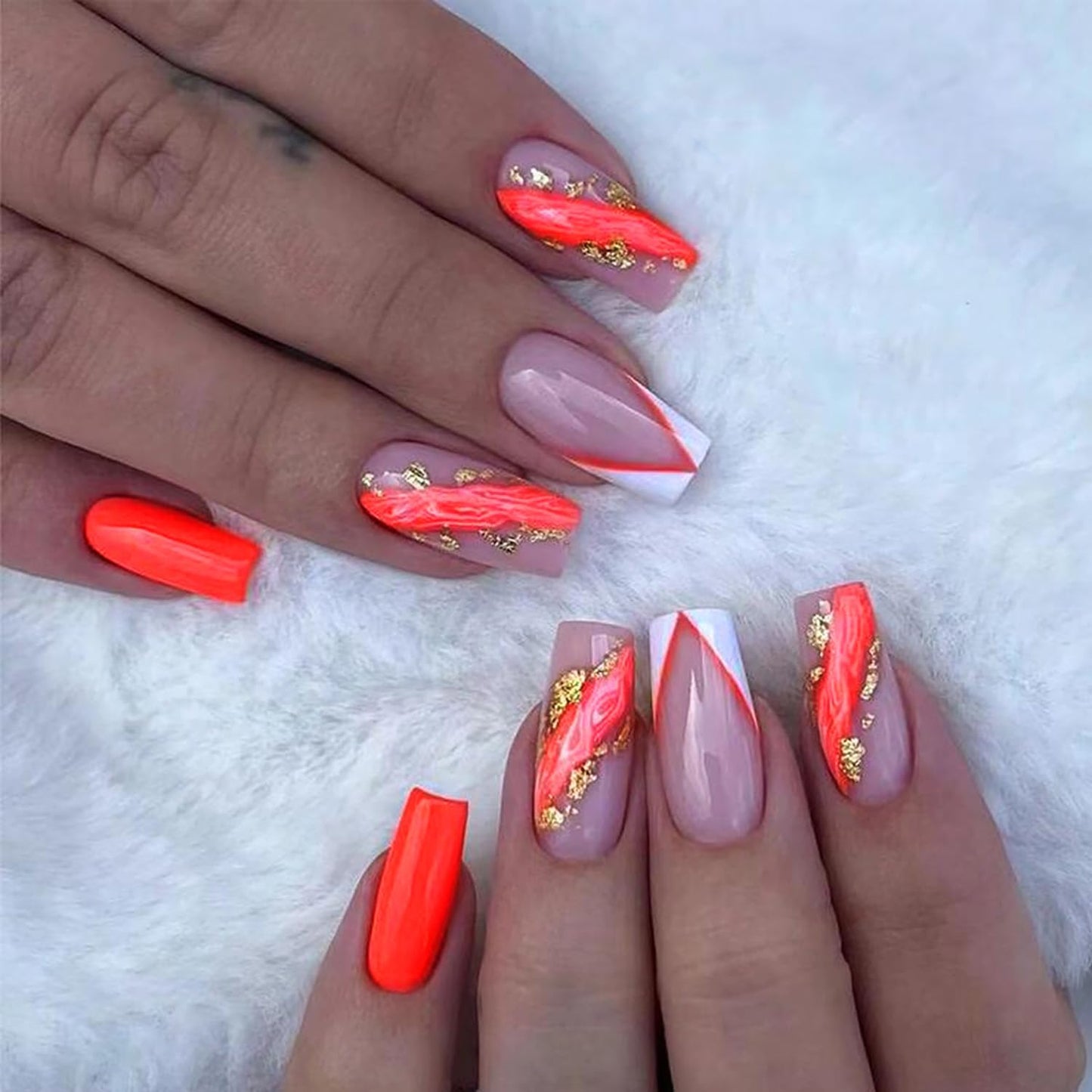 Vezocim Orange Press on Nails Square 24Pcs Glossy Full Cover Medium Acrylic Square False Nails with Marble Designs Artificial Coffin Fake Nails Glue Stick ons Fingernails with Charm for Women