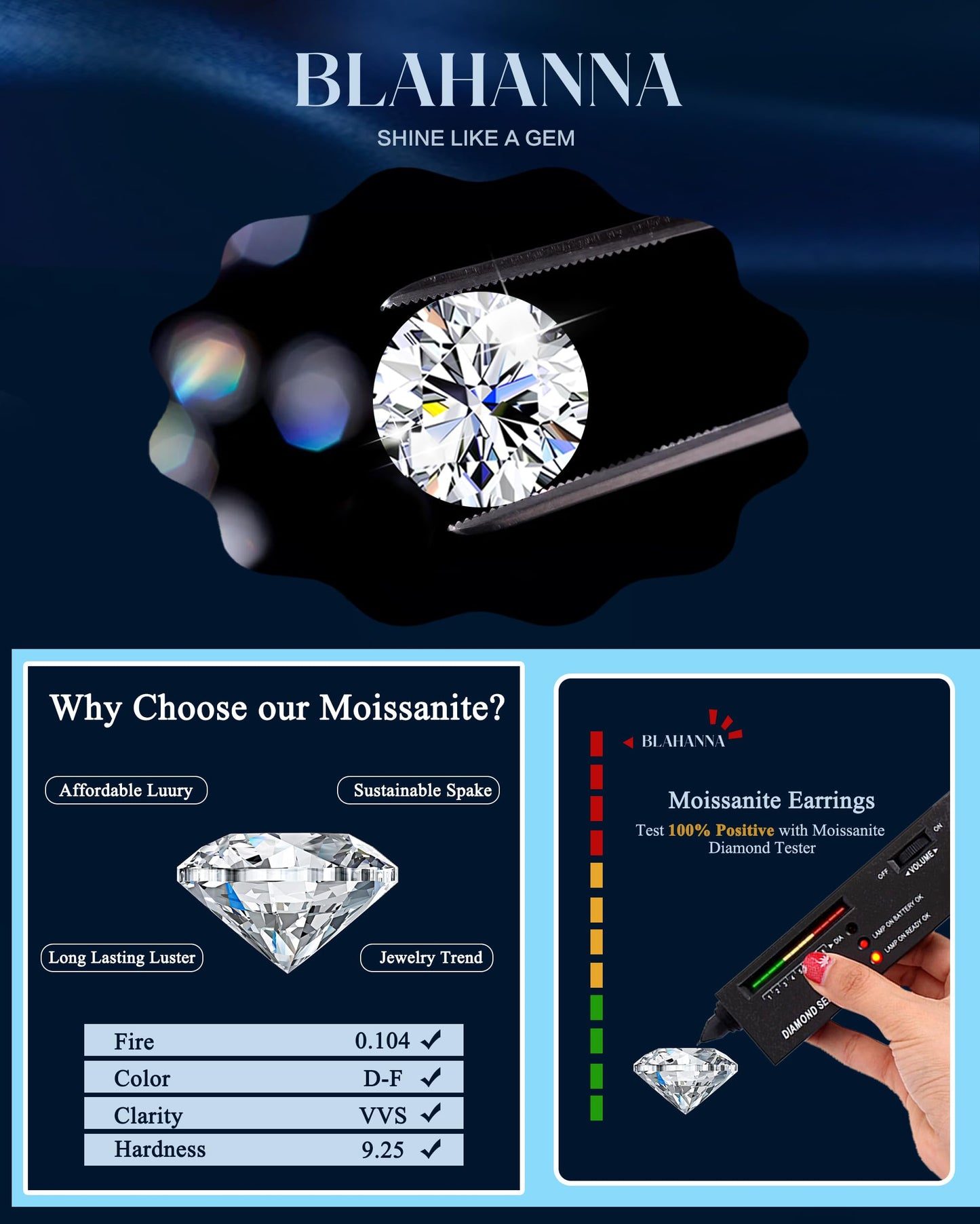 Blahanna Moissanite Earrings,1.0ct-2.0ct D Color Brilliant Round Cut Earrings S925 Sterling Silver Dangle Earrings Moissanite Leverback Drop Earring gold 5mm