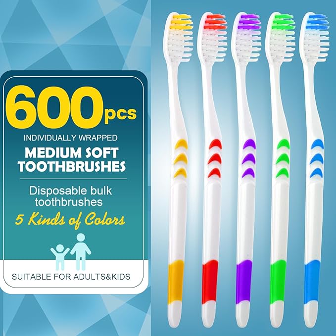 Navona 600 PCS Premium Individually Wrapped Bulk Toothbrush Pack, Disposable Toothbrushes, Kids Toothbrush, Medium Soft Bristle Toothbrushes, Ergonomics Handle, Perfect for Travel Hotel Donation
