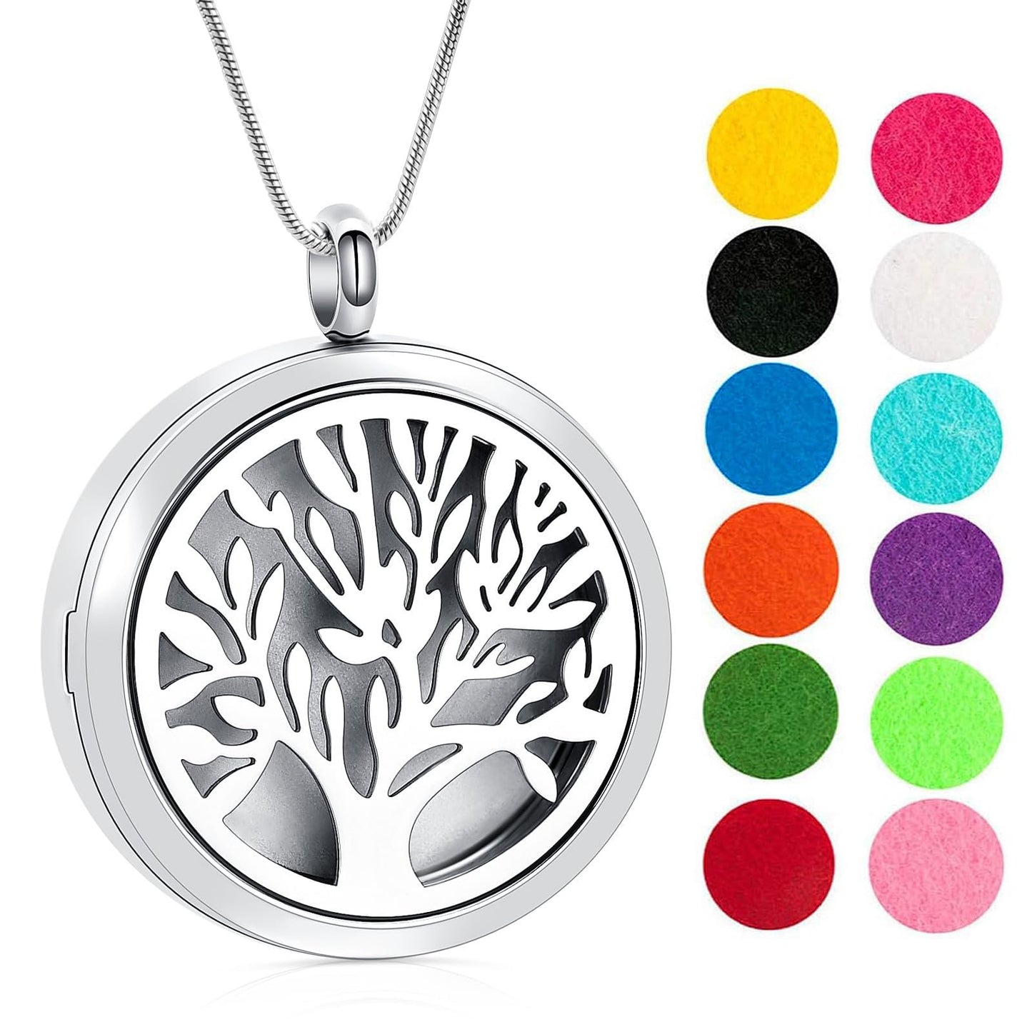 Minicremation Stainless Steel Paw Print Round Perfume Essential Oil Diffuser Pendant Necklace Women Aromatherapy Essential Oil Diffuser Locket Pendant Necklace, with Refill Pads (Silver-Tree of Life)