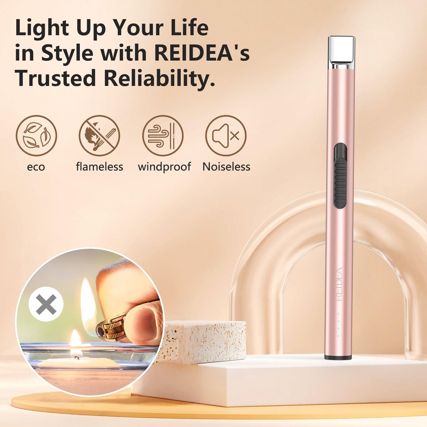 REIDEA Candle Lighter Long USB Rechargeable Arc Windproof Flameless with Safety Switch Buttom for Home Kitchen BBQ Camping Stove