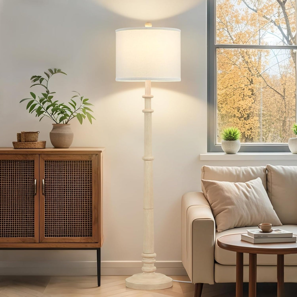 Floor Lamps for Living Room - 60" Resin Farmhouse Floor Lamp with 3 Color Temperatures - Vintage Standing Lamp Reading Light with Linen Shade Rustic Tall Lamp for Bedroom Office, Oatmeal Wash