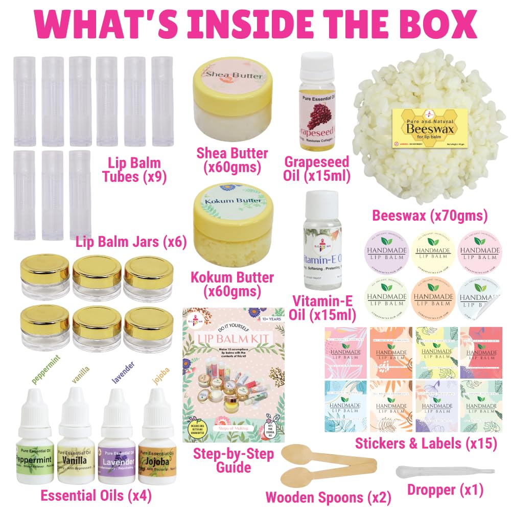 Kalakaram DIY Lip Balm Making Kit - Make 15 Lip Balms with Shea & Kukum Butter, Beeswax, Vitamin E Oil, Grapeseed & Essential Oils, DIY Activity Kit for Kids & Craft Kit for Girls 9-12