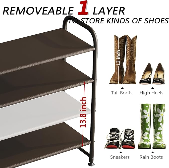Shoe Rack 4 Tier Long Storage Organizer Wide Metal Shoe Shelf for Closet Entryway Brown