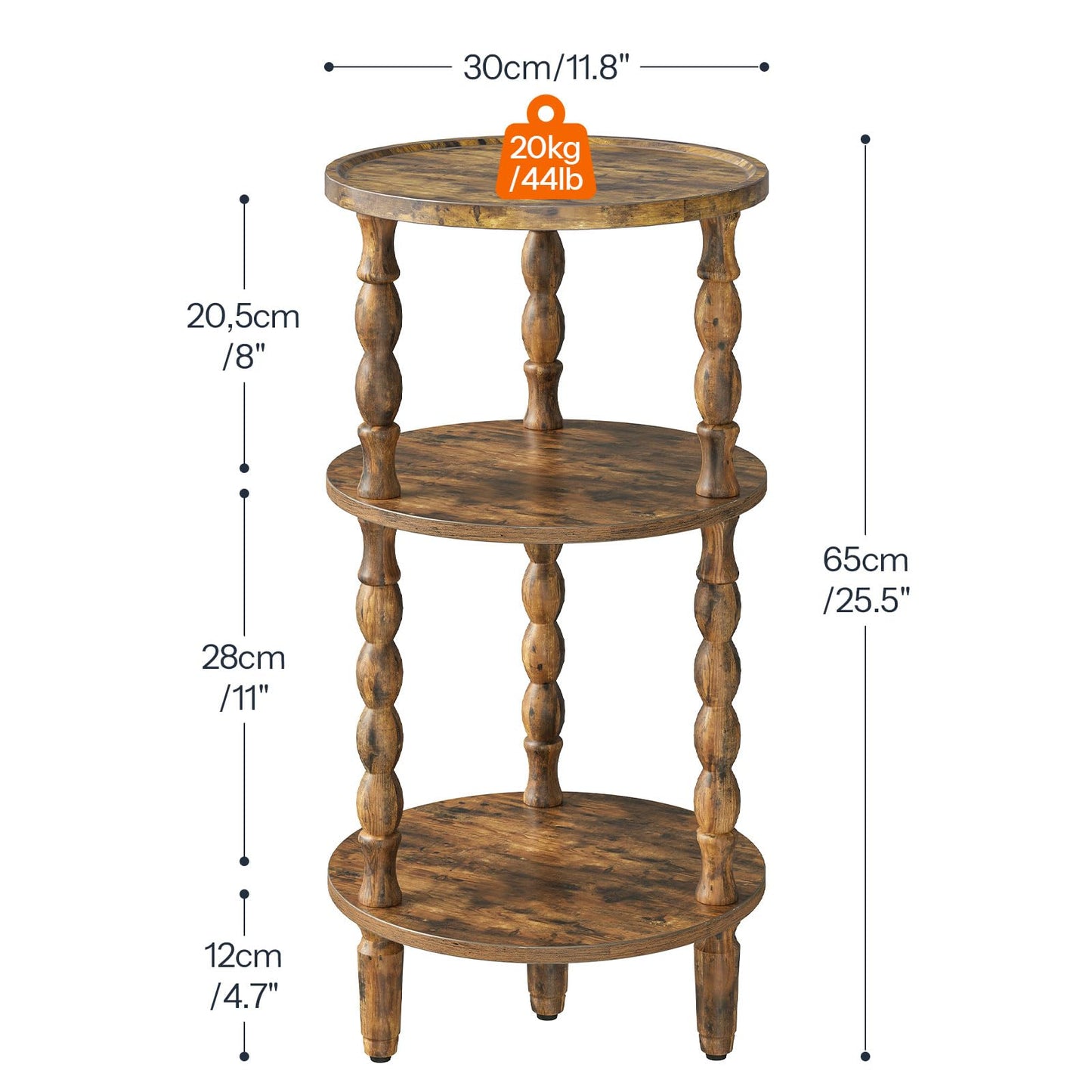 HOOBRO Round Side Table for Small Space, 3-Tier Small Round End Table with Rubberwood Leg, Accent Bedside Table, Circle Nightstand, Living Room, Bedroom, Sofa Couch, Rustic Brown FG218BZ01