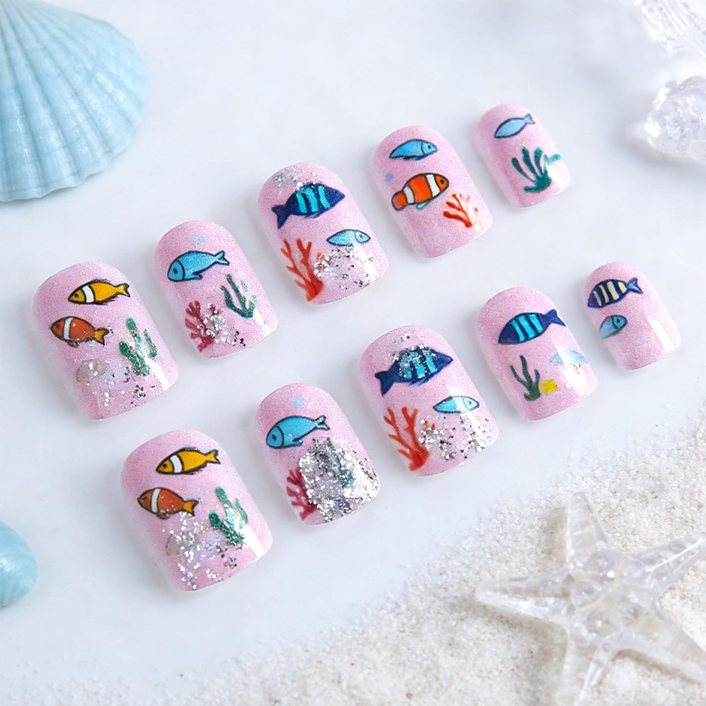 Spring Summer Press on Nails Short Square Fake Nails Pink False Nails with Sea Fish Coral Designs Glossy Glitter Stick on Nail Reusable Artificial Glue on Nails for Women Manicure 24Pcs