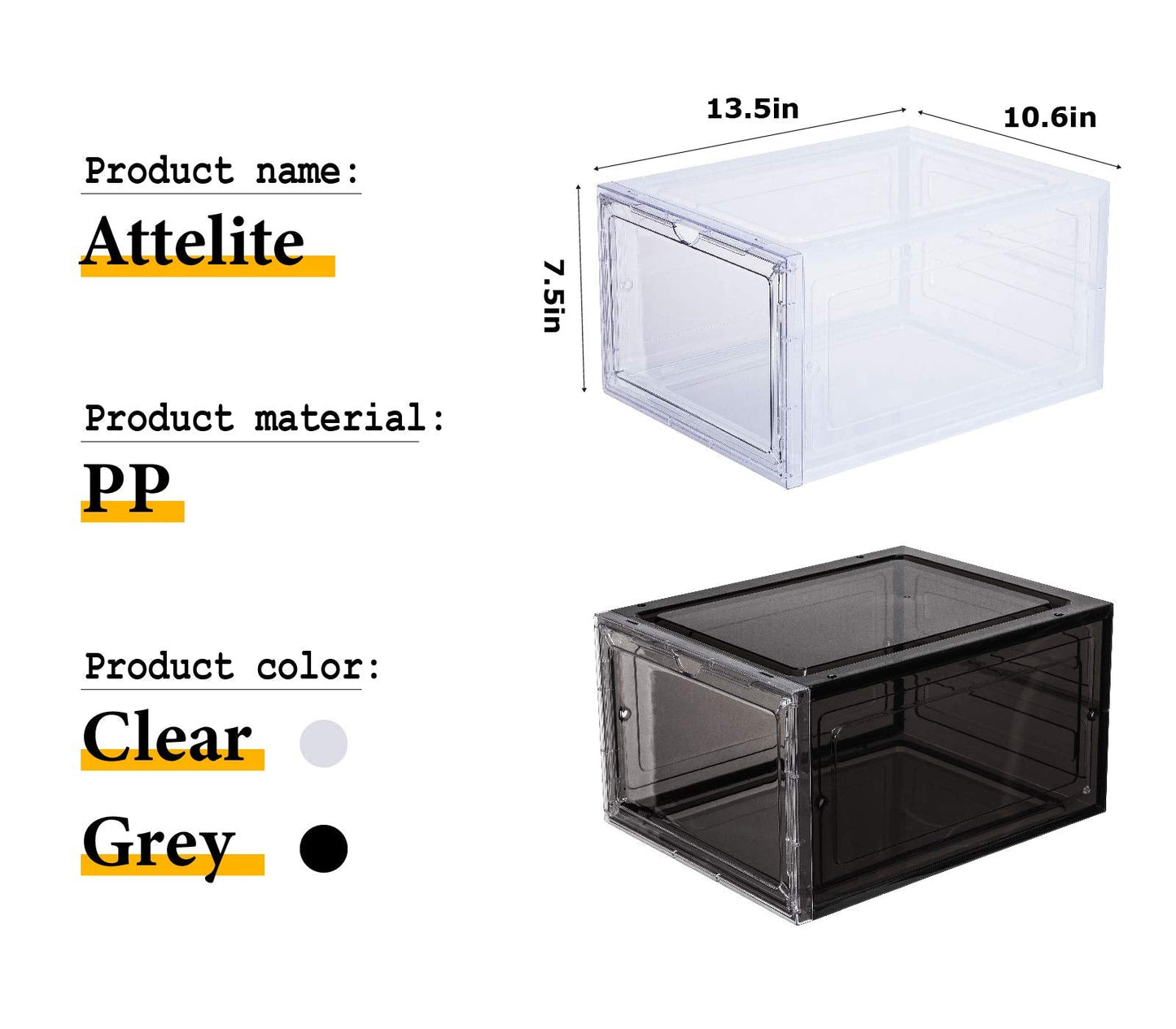 Attelite Shoe Box,Set of 6,Stackable Plastic Clear Shoe Box Organizer with Magnetic Door,Shoe Storage Box Thicken Sturdy,Easy Assembly,Fit up to US Size 12,Black