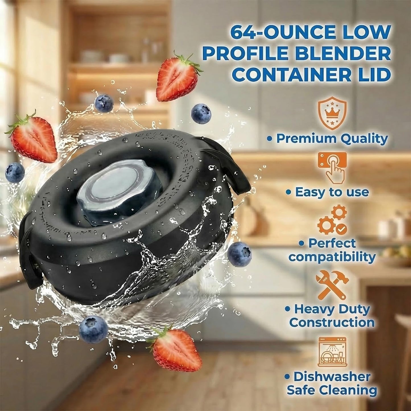 Blender Lid Replacement, 64oz Low-Profile Container Lid, Compatible with VM0103 VM0158 E310 E320, Replace for Pro 750 5200 5300 7500 Series, Rubber Lid Cover for Pitcher Jar