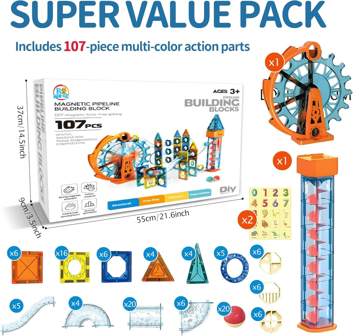Motorized Marble Run Set – 107-Piece Magnetic Tile Building Toy with Ferris Wheel & Elevator, STEM Marble Maze Game for Kids Ages 6-12, Educational Gift with Lights & Music
