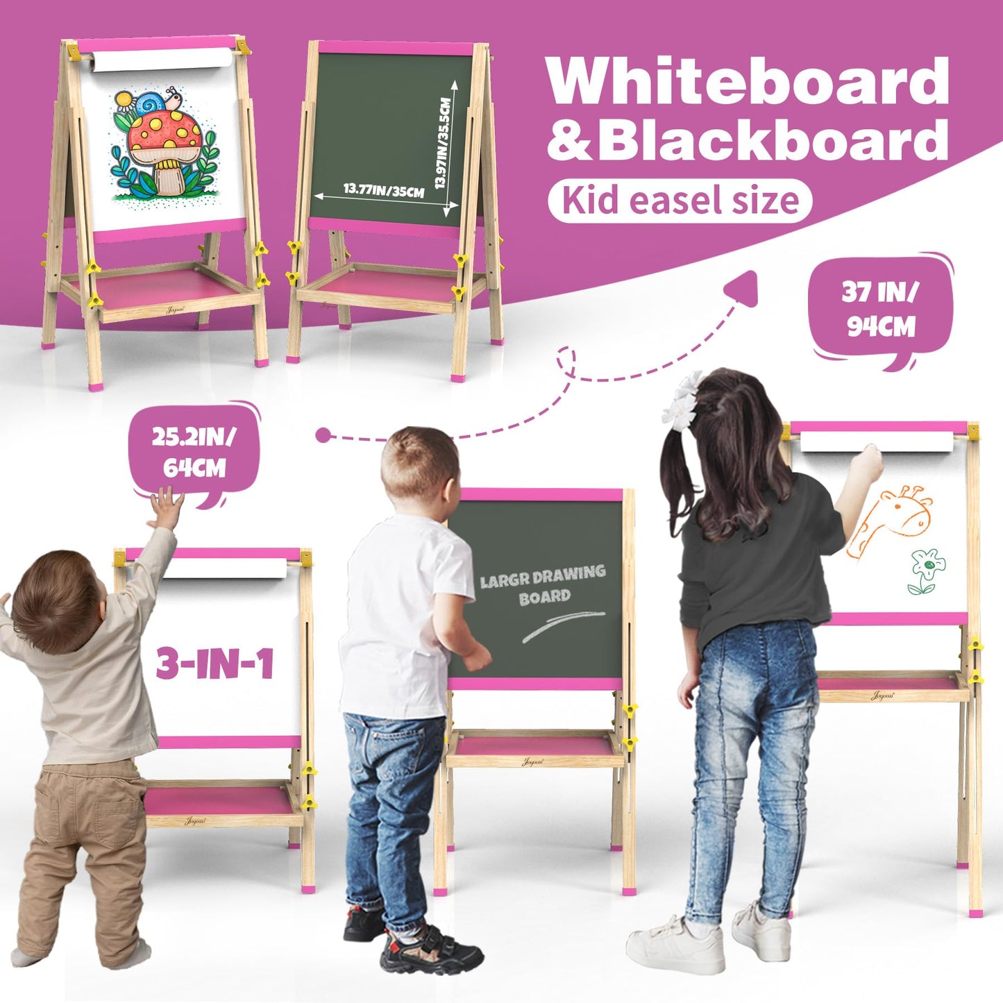 JOYOOSS Art Easel for Kids Easels for Toddlers with Paper Roll,Adjustable Wooden Magnetic Board Double Sided Whiteboard & Chalkboard 2-4 Art Easel for Kids Ages 4-8 Toddlers Painting Drawing Easel
