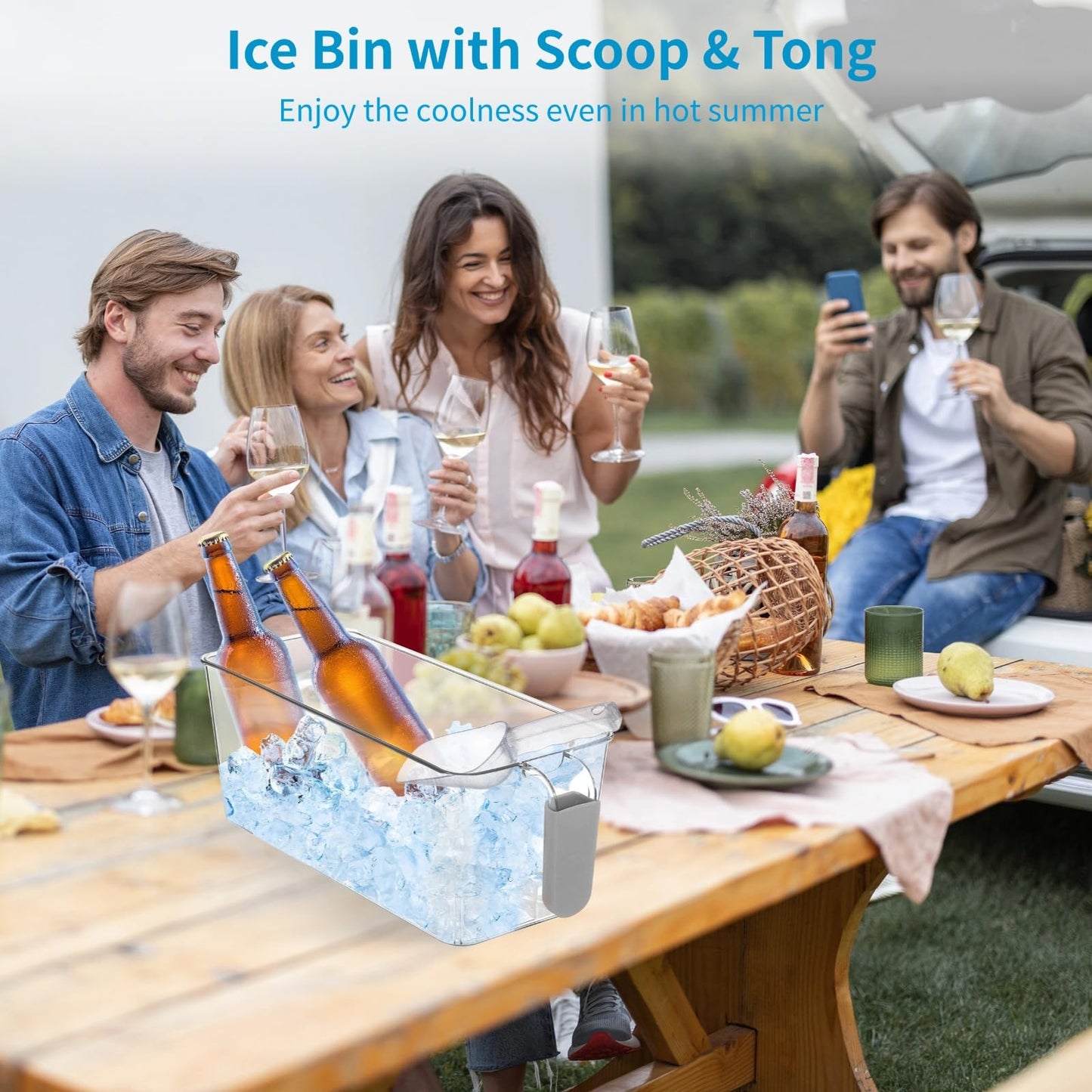 2 PCS Ice Bin with Scoop and Tong, Ice Bucket with Pull-out Handle for Freezer, 2 Sizes Clear Plastic Ice Container for DIY Drink Summer Party, 12.2 x 6.9 x 4.3 in, 12.2 x 4.9 x 4.3 in, Gray Handle