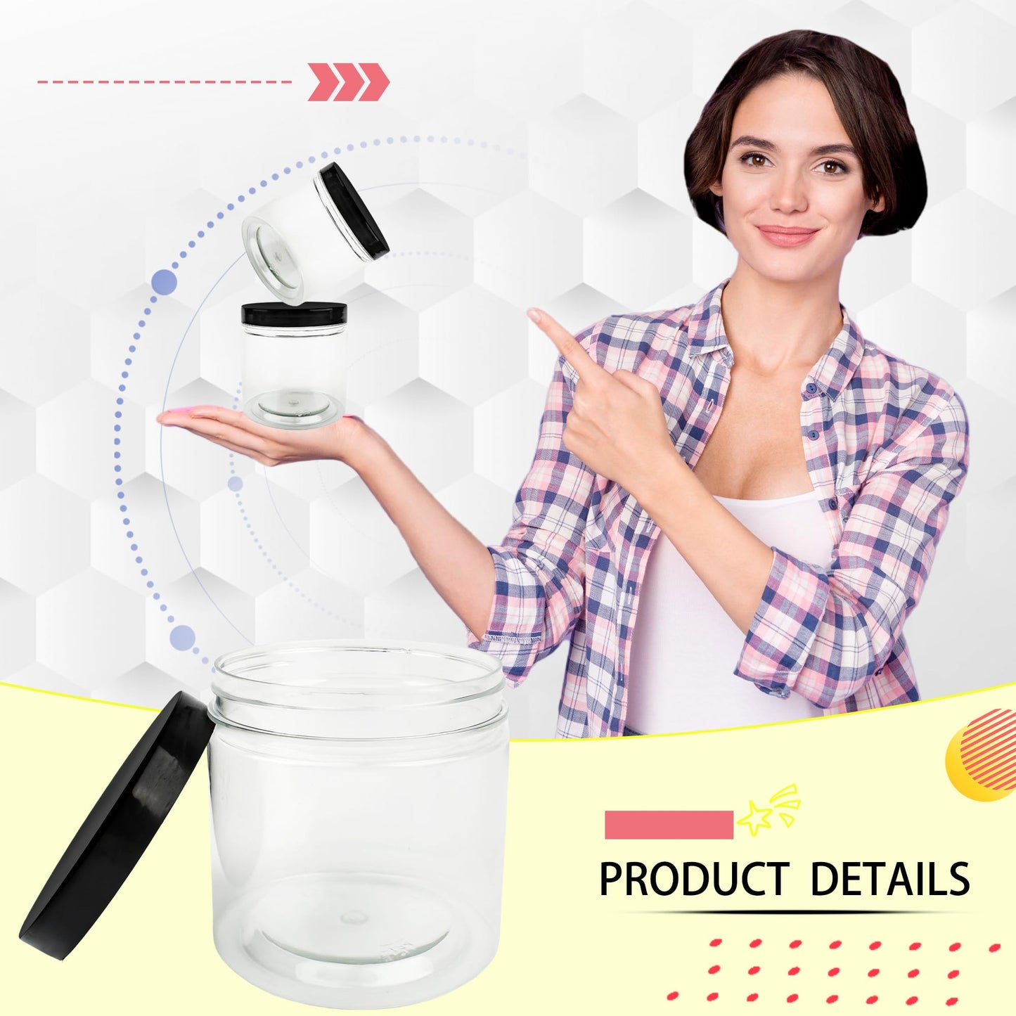 Conagel 30 Pack 12oz Clear Plastic Jars with Black Lids Plastic Empty Storage Containers Refillable Round Clear Cosmetics Containers for Candy Kitchen Food Storage DIY Crafts Making