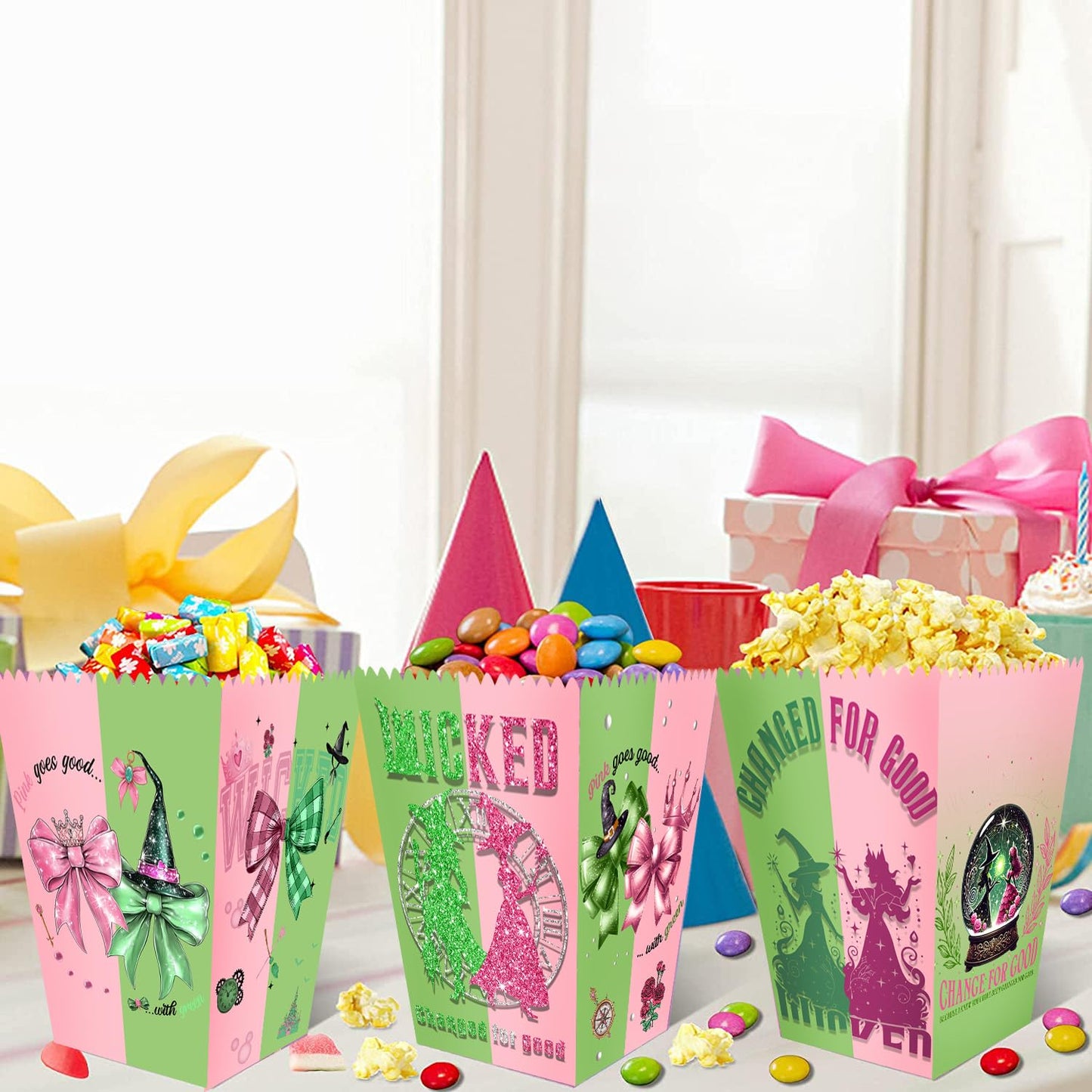 24pcs Witch theme Party Popcorn Boxes ,Green and Pink Popcorn Treat Boxes Dessert Cookie for Birthday Party Decorations