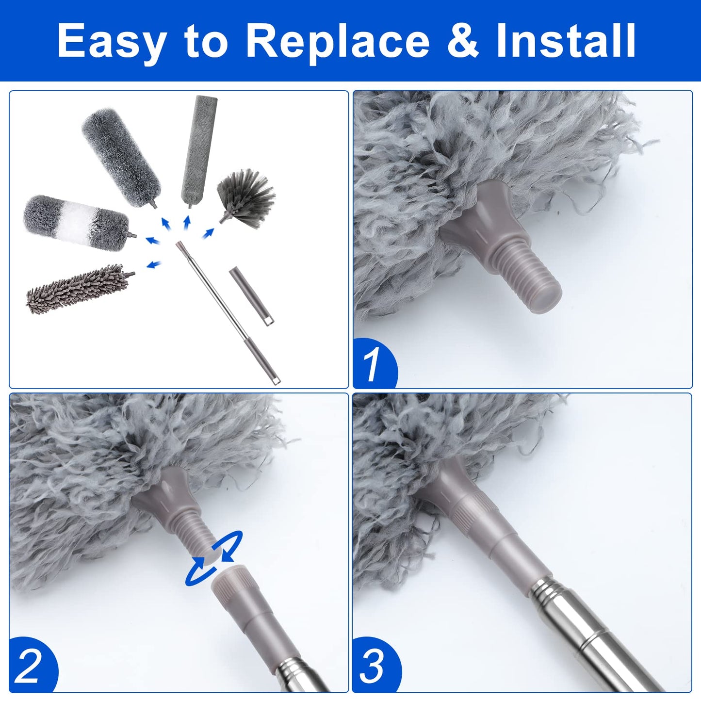 Microfiber Duster Kit (11PCS) - Washable Dusters with Extension Pole (30 to 100 in) for Cleaning Ceilings, Fans, Furniture