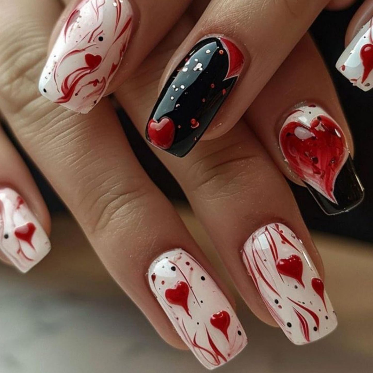 Valentine's Day Press on Nails Medium Length Fake Nails Black White Stick on Nails with Glossy designs Acrylic Nails Heart Love Stripe False Nails Full Cover Glue on Nails for Women 24pcs