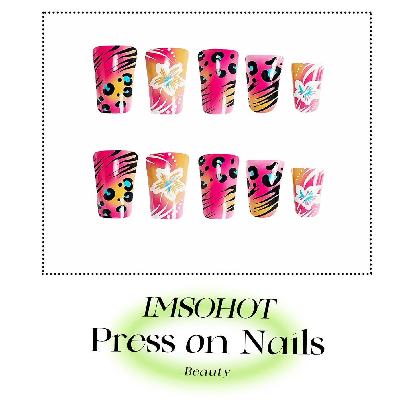 IMSOHOT Pink Press on Nails Medium Duck Fake Nails Glossy Glue on Nails with Flower & Leopard Print Designs Full Cover Summer Acrylic Duckbill False Nails for Women Girls Manicure Decoration