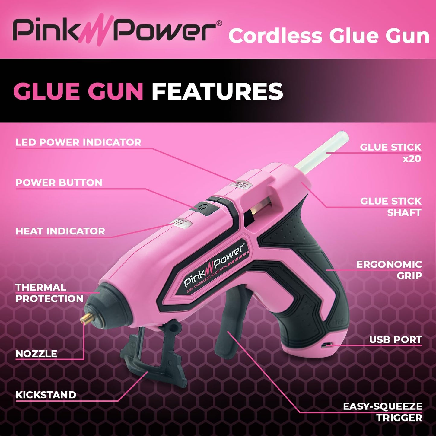 Pink Power Mini Cordless Hot Glue Gun Kit with Stand – 20 Sticks, Battery Powered, Wireless, Fast Heating, USB Rechargeable, Portable Glue Gun for DIY Crafts, Home Repairs, and School Projects
