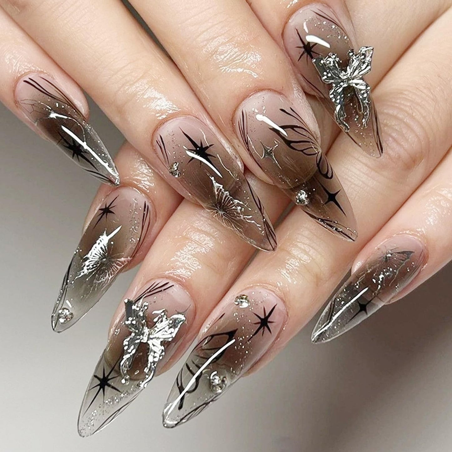 Long Press on Nails Almond Fake Nails 3D Butterfly Stick on Nails Black Glitter False Nails for Women Manicure Decoration 24Pcs