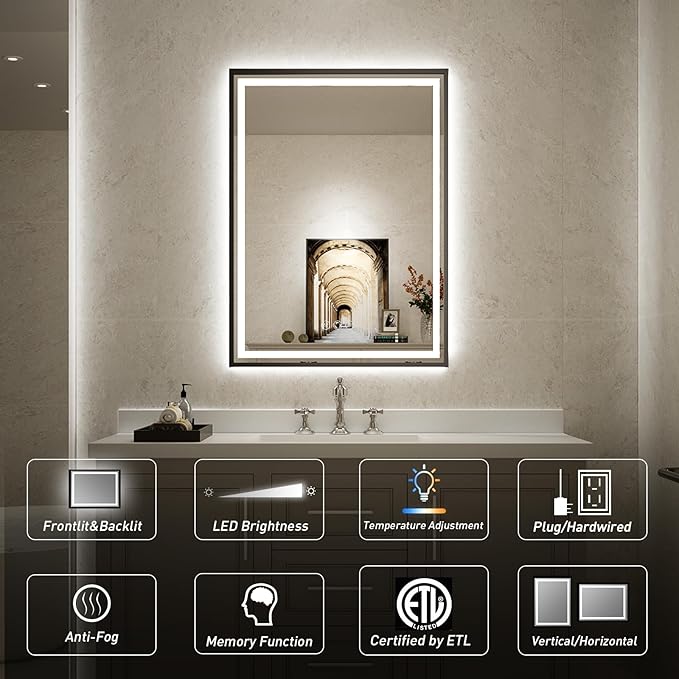 24x36 Inch LED Bathroom Mirror with Lights,Front and Backlit Black Metal Frame Mirror,Wall Mounted Lighted Vanity Mirrors,Double Lights Strips,Anti Fog Stepless Dimmable