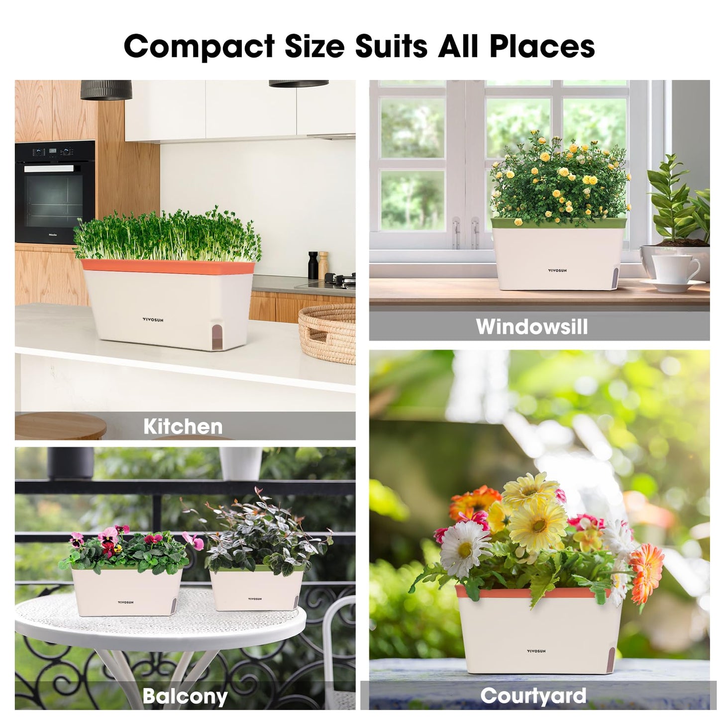 VIVOSUN Self-Watering Planters, 6-Pack 10.5 Inch Compact Rectangular Window Herb Planter Box with 10 PCS Plant Labels, Plant Container for Basil, Flowers, Succulents, Indoor & Outdoor