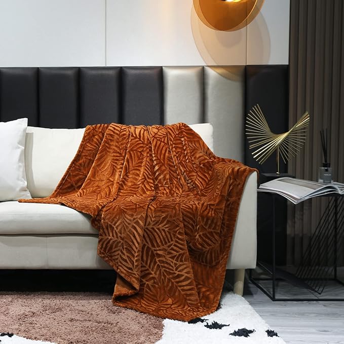 SOCHOW Super Soft Flannel Fleece Fall Throw Blanket, Lightweight Cozy Warm Leaves Textured Plush Blanket for Bed Couch Sofa, 50 x 60 Inches, Caramel