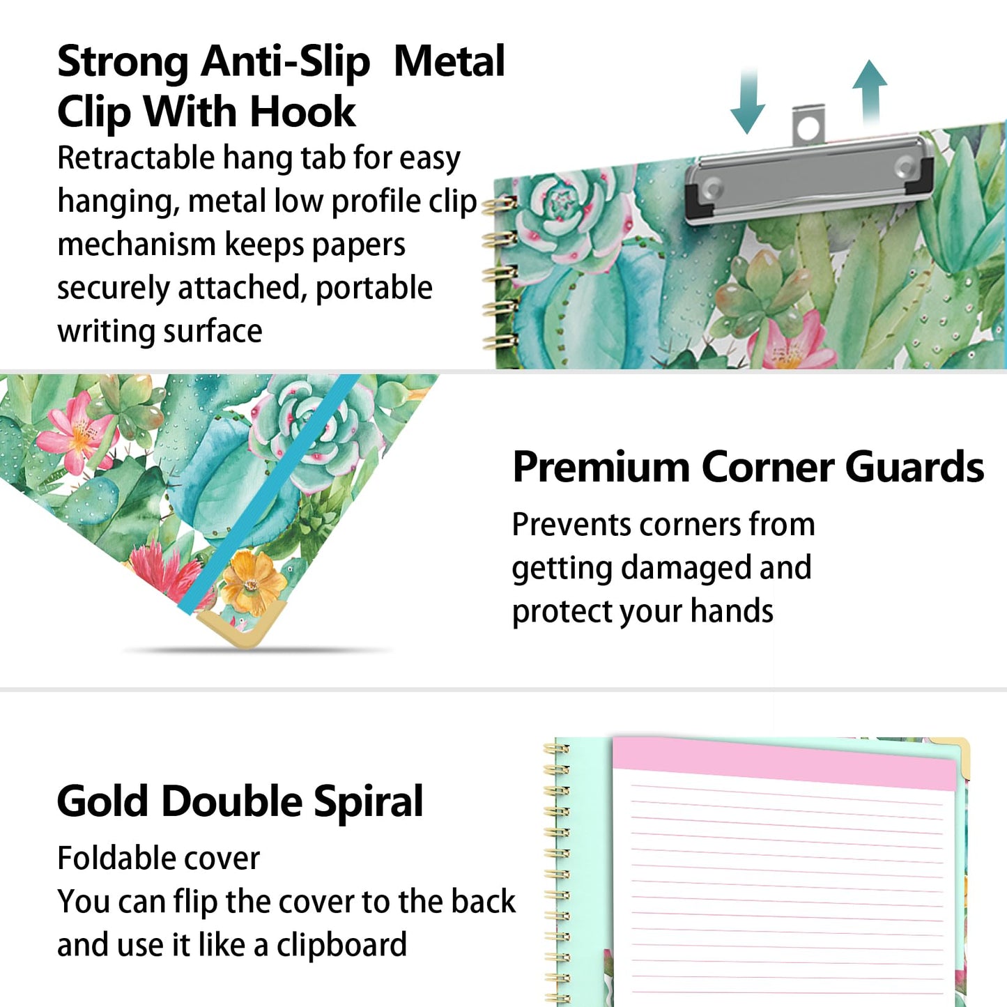 Clipboard Folder with Notepad Refillable Lined for Letter Size (11" x 8.5"), 5 Dividers with Storage 10 Pockets, Cute Spiral Foldable Clipboard with Metal Clip School Office Supplies(Cactus Flowers)