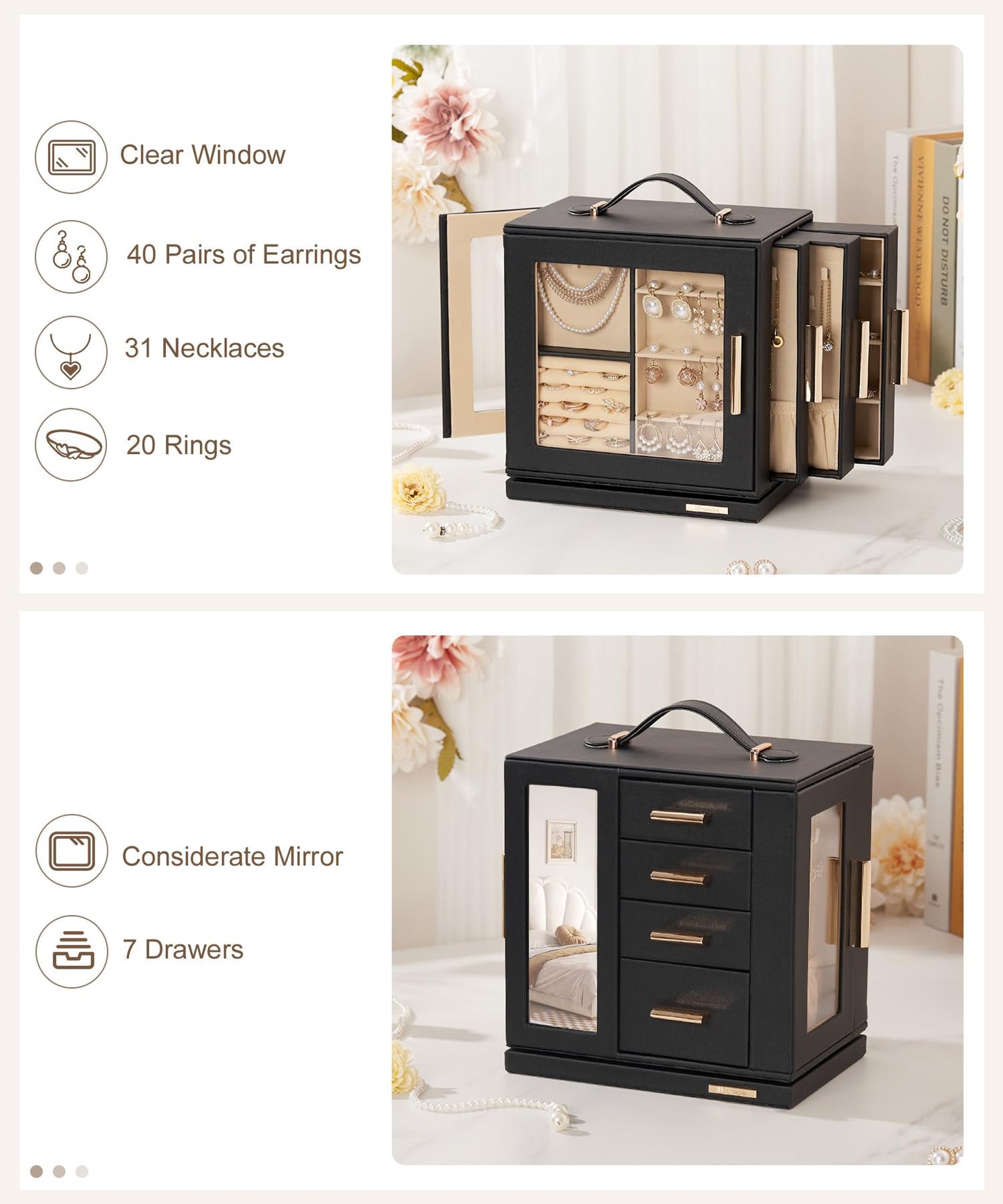 Homde Jewelry Box for Women Large: Rotating Organizer for Ring Earring Necklace Bracelet - 7 Drawers Storage for Dresser (Black)