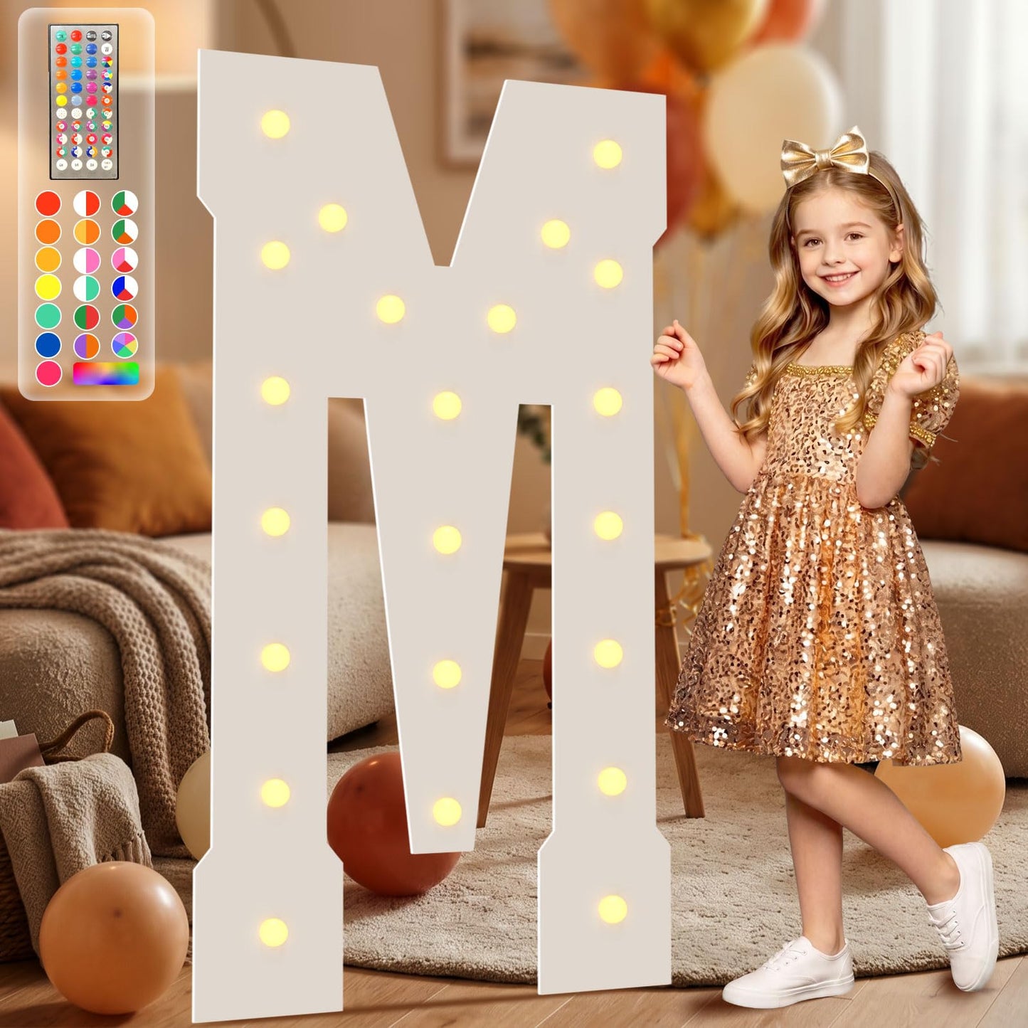 4FT Marquee Light Up Letters, 34 Colors Changing Marquee Letters M with Remote,Weighted Water Bag, Pre-Cut Foam Board Set Can Be Used for Birthday Party Wedding Event Baby Shower
